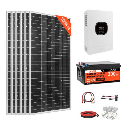 VEVOR 1200W 24V Complete Solar Power Kit, 6PCS 200W Monocrystalline Solar Panels + 25.6V 300Ah LiFePO₄ Battery + 24V 3600W Hybrid Inverter, High Output Off-Grid Solar Kit for Large House Shed Farm
