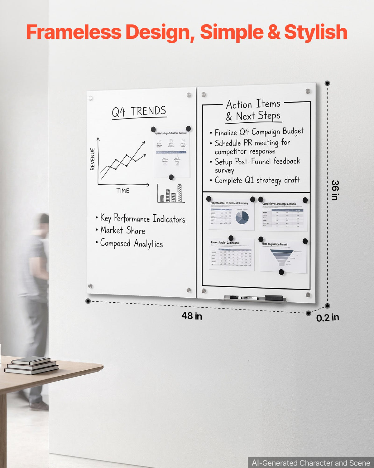 VEVOR Glass Dry Erase Board 2 Pack 900 x 600 mm White Magnetic Whiteboard, Wall-Mounted, Frameless, Thick Tempered Glass, with Markers, Magnets and Eraser, for Office, School Classroom, Home Study