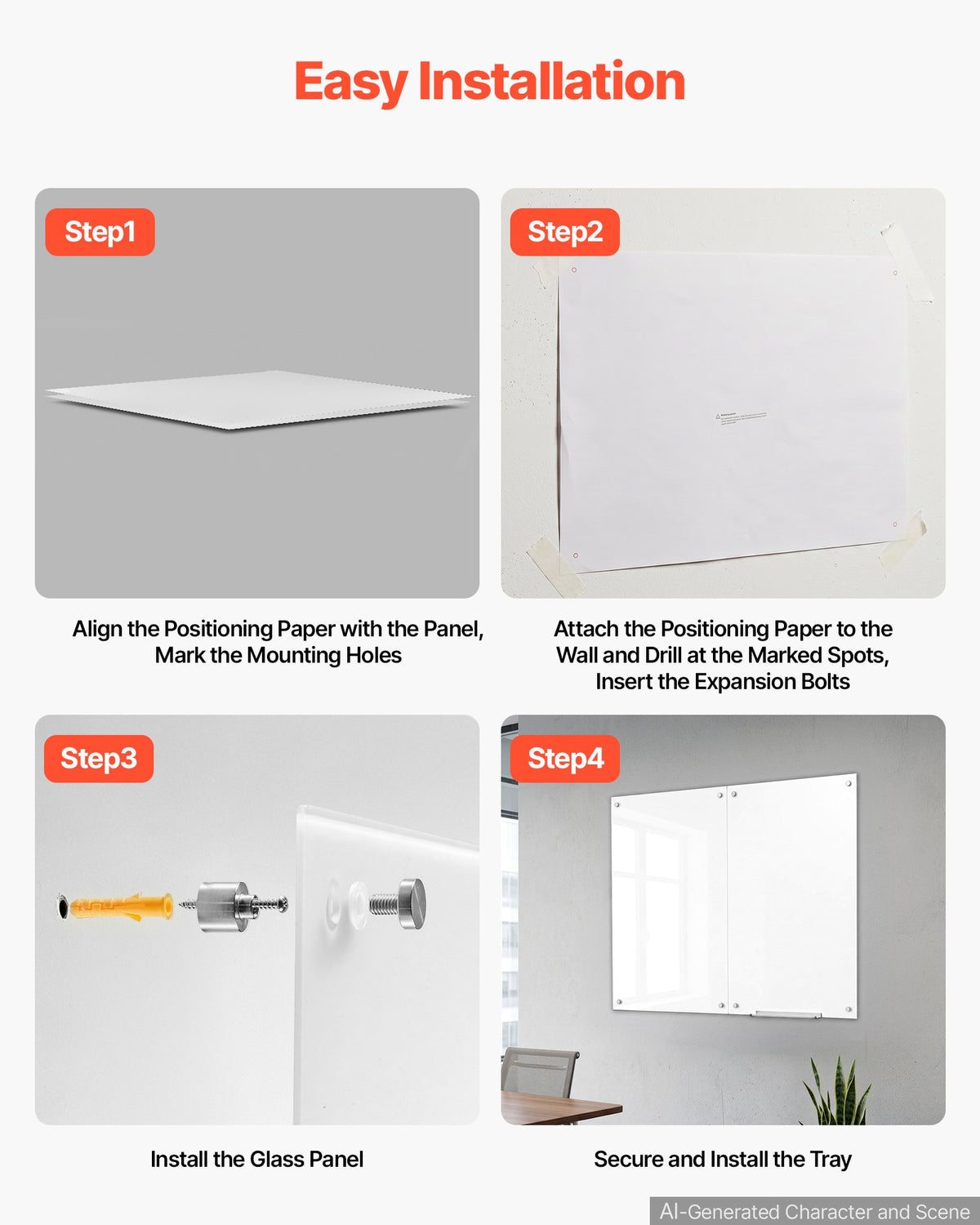 VEVOR Glass Dry Erase Board 2 Pack 900 x 600 mm White Magnetic Whiteboard, Wall-Mounted, Frameless, Thick Tempered Glass, with Markers, Magnets and Eraser, for Office, School Classroom, Home Study