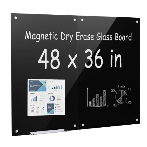 VEVOR Glass Dry Erase Board 2 Pack 900 x 600 mm Black Magnetic Whiteboard, Wall-Mounted, Frameless, Thick Tempered Glass, with Markers, Magnets and Eraser, for Office, School Classroom, Home Study