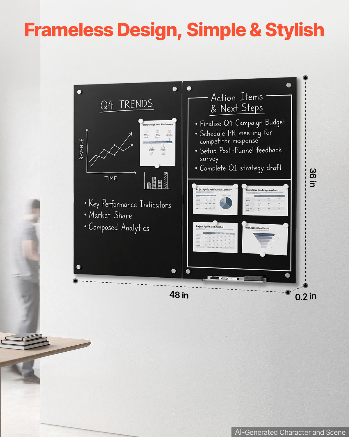 VEVOR Glass Dry Erase Board 2 Pack 900 x 600 mm Black Magnetic Whiteboard, Wall-Mounted, Frameless, Thick Tempered Glass, with Markers, Magnets and Eraser, for Office, School Classroom, Home Study