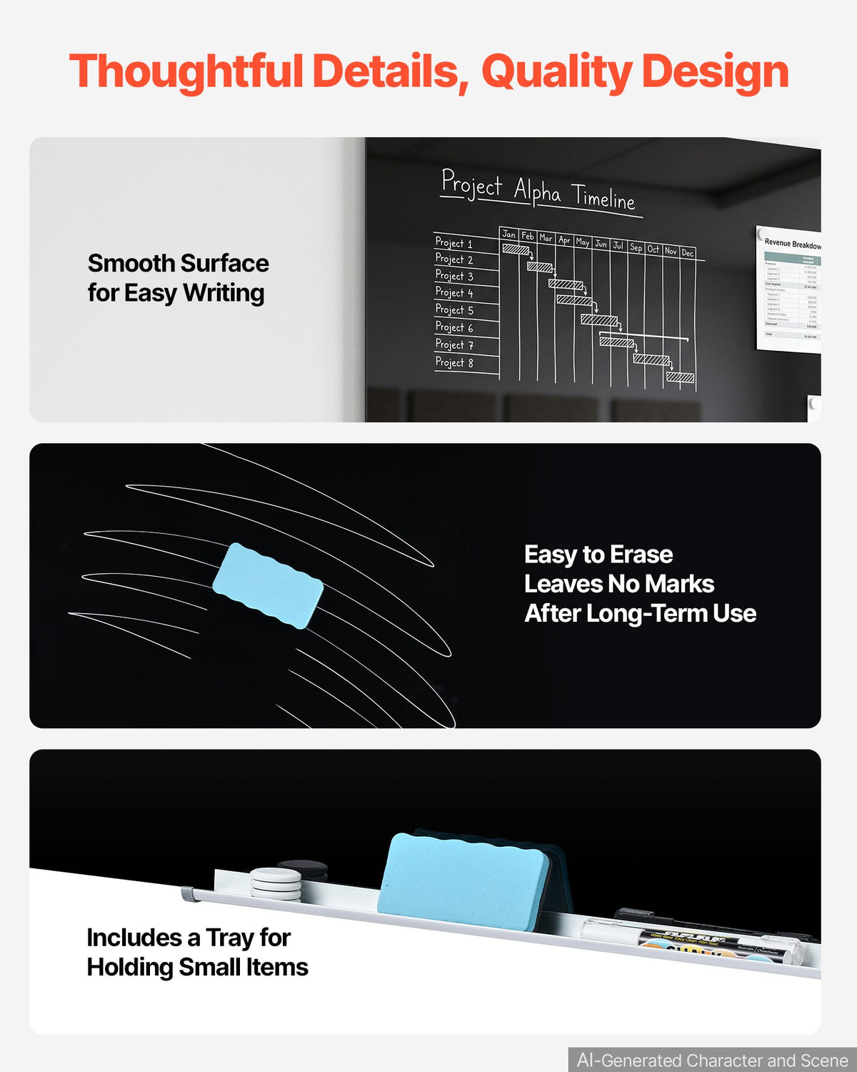 VEVOR Glass Dry Erase Board 2 Pack 900 x 600 mm Black Magnetic Whiteboard, Wall-Mounted, Frameless, Thick Tempered Glass, with Markers, Magnets and Eraser, for Office, School Classroom, Home Study