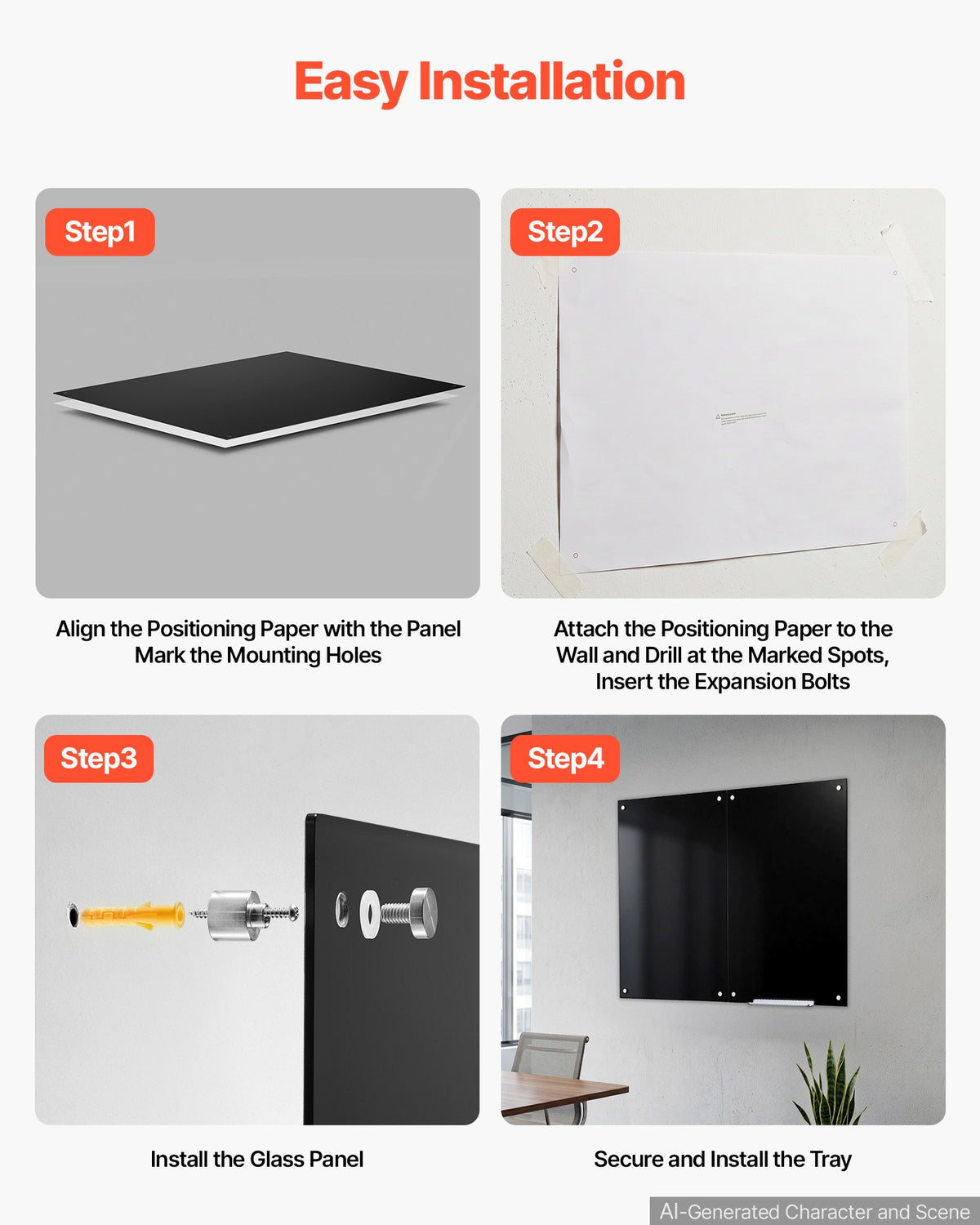 VEVOR Glass Dry Erase Board 2 Pack 900 x 600 mm Black Magnetic Whiteboard, Wall-Mounted, Frameless, Thick Tempered Glass, with Markers, Magnets and Eraser, for Office, School Classroom, Home Study