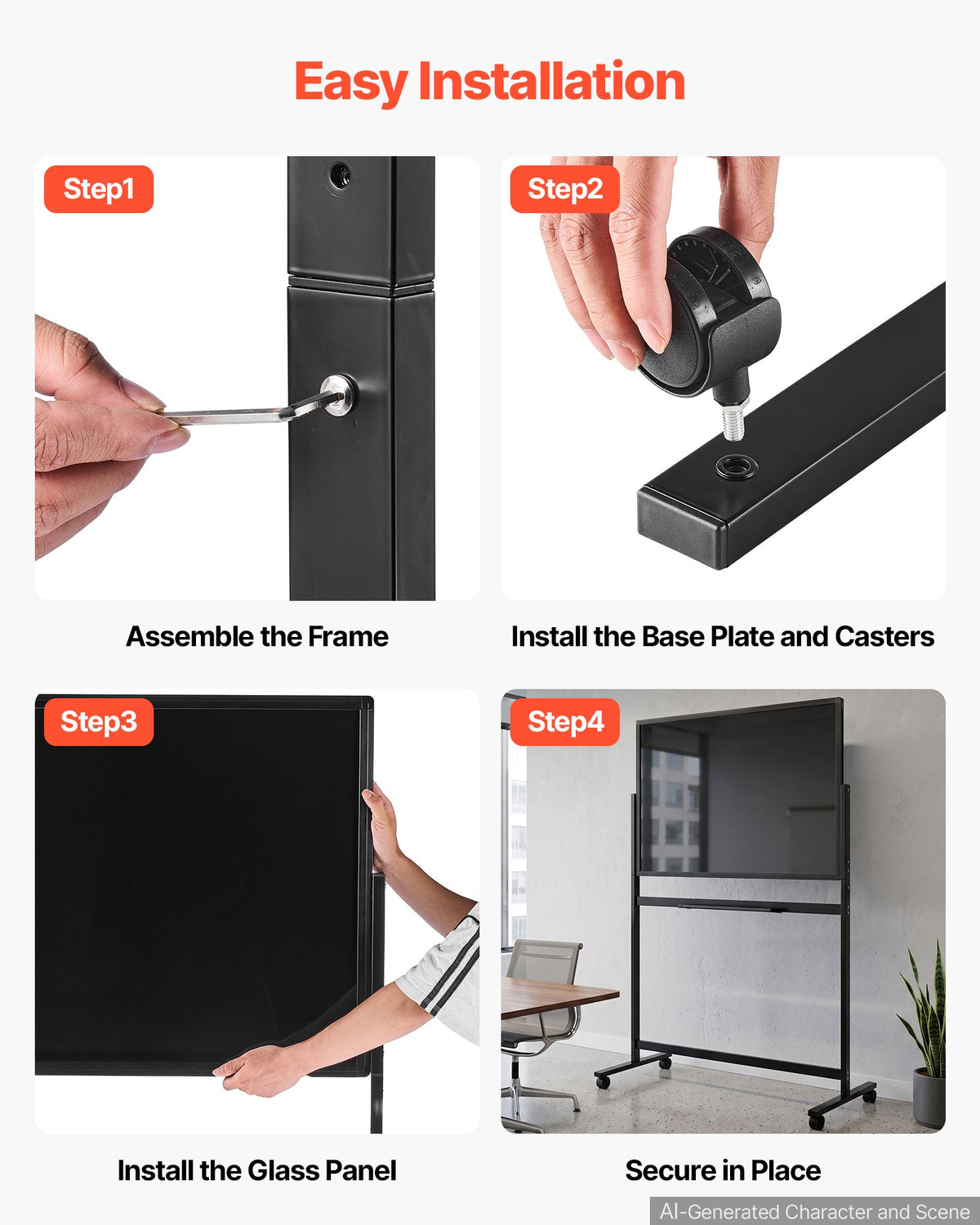 VEVOR Glass Dry Erase Board 888x583mm Magnetic Whiteboard with Base Black, Frameless, Mobile with Stand and Wheels, Includes Markers, Magnets and Eraser, for Office, School Classroom, and Home
