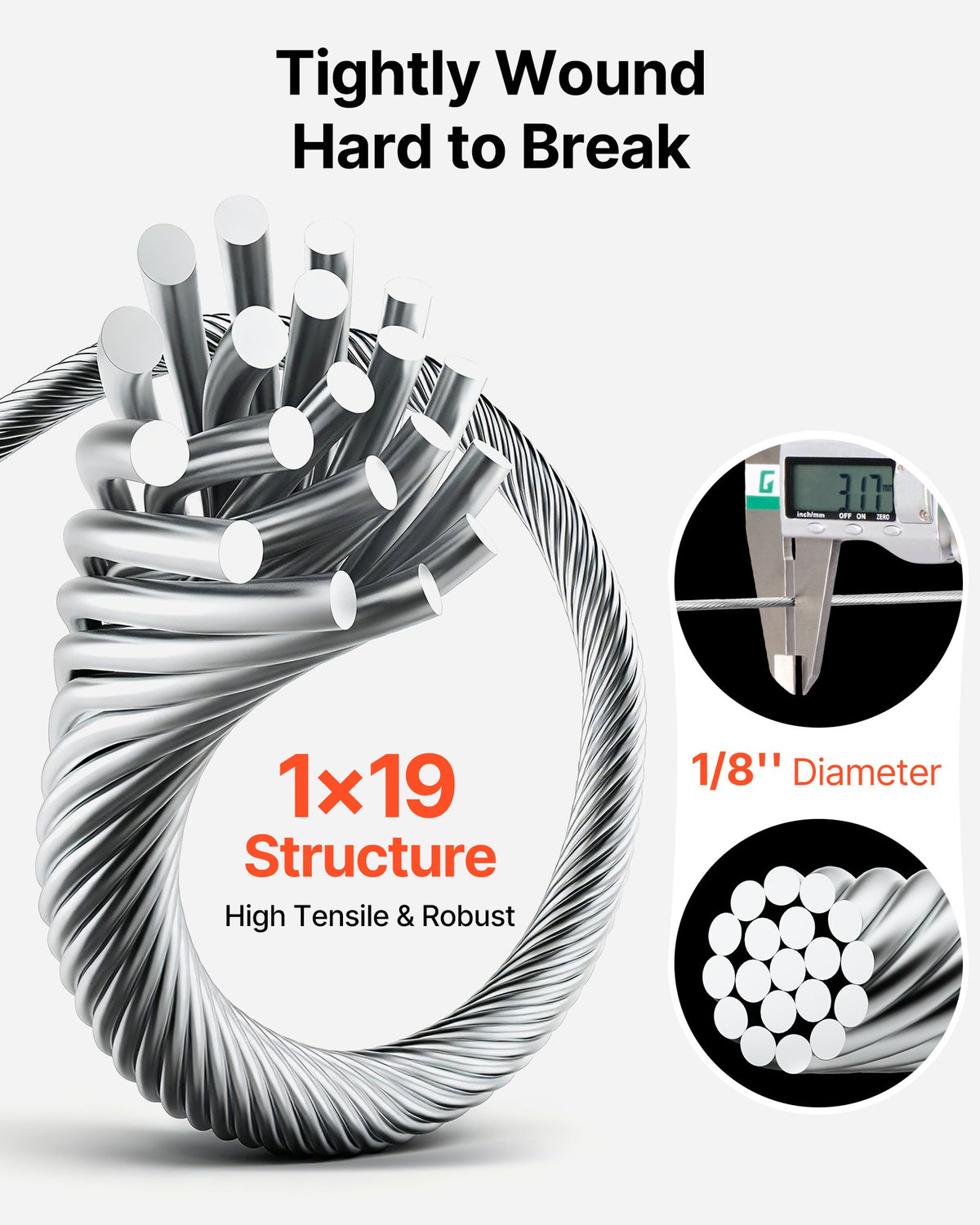 VEVOR T316 Stainless Steel Wire Rope Cable High Strength Tension Flexible Stainless Steel Cable OD 3.2MM Length 1000Ft 11.14KN Cable Railing(300M)