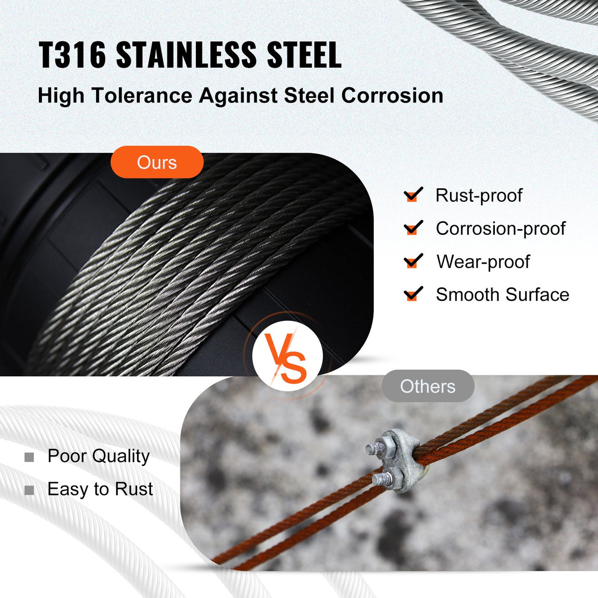 VEVOR T316 Stainless Steel Cable 3.2 mm 7x7 Steel Wire Rope Cable 15240 cm Cable Railing Transport Wire Rope Cable for Railing Decking DIY Balustrade