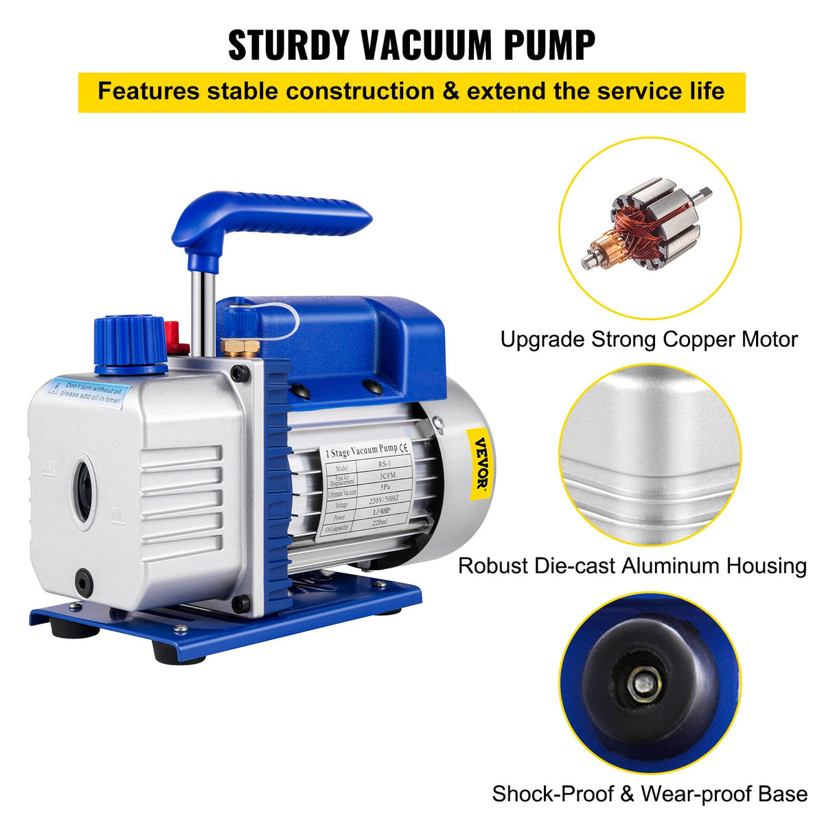 VEVOR 183 L/min(3CFM) 246W(1/3HP) Vacuum Pump Vacuum Pump 117 L/min(1.8CFM) 1 Stage Refrigeration Vacuum Pump Vacuum Chamber 1440RPM for the vacuum pumping with R12