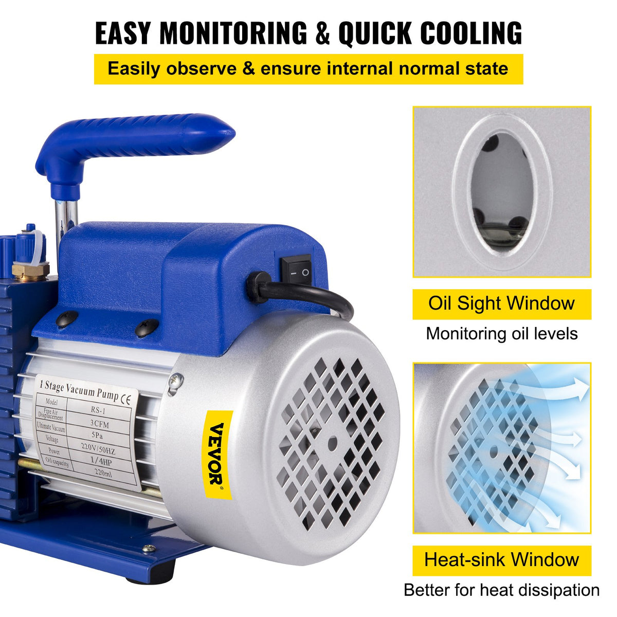 VEVOR 183 L/min(3CFM) 246W(1/3HP) Vacuum Pump Vacuum Pump 117 L/min(1.8CFM) 1 Stage Refrigeration Vacuum Pump Vacuum Chamber 1440RPM for the vacuum pumping with R12