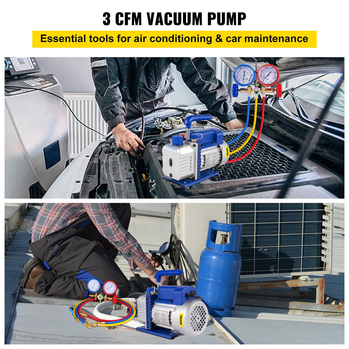 VEVOR 3CFM 1/4HP Refrigerant Vacuum Pump Kit, 85 L/min Refrigerant Controlled Tools HVAC Single Stage AC Vacuum Pump A/C Manifold Gauge Set Refrigerant (3CFM 1/4HP)