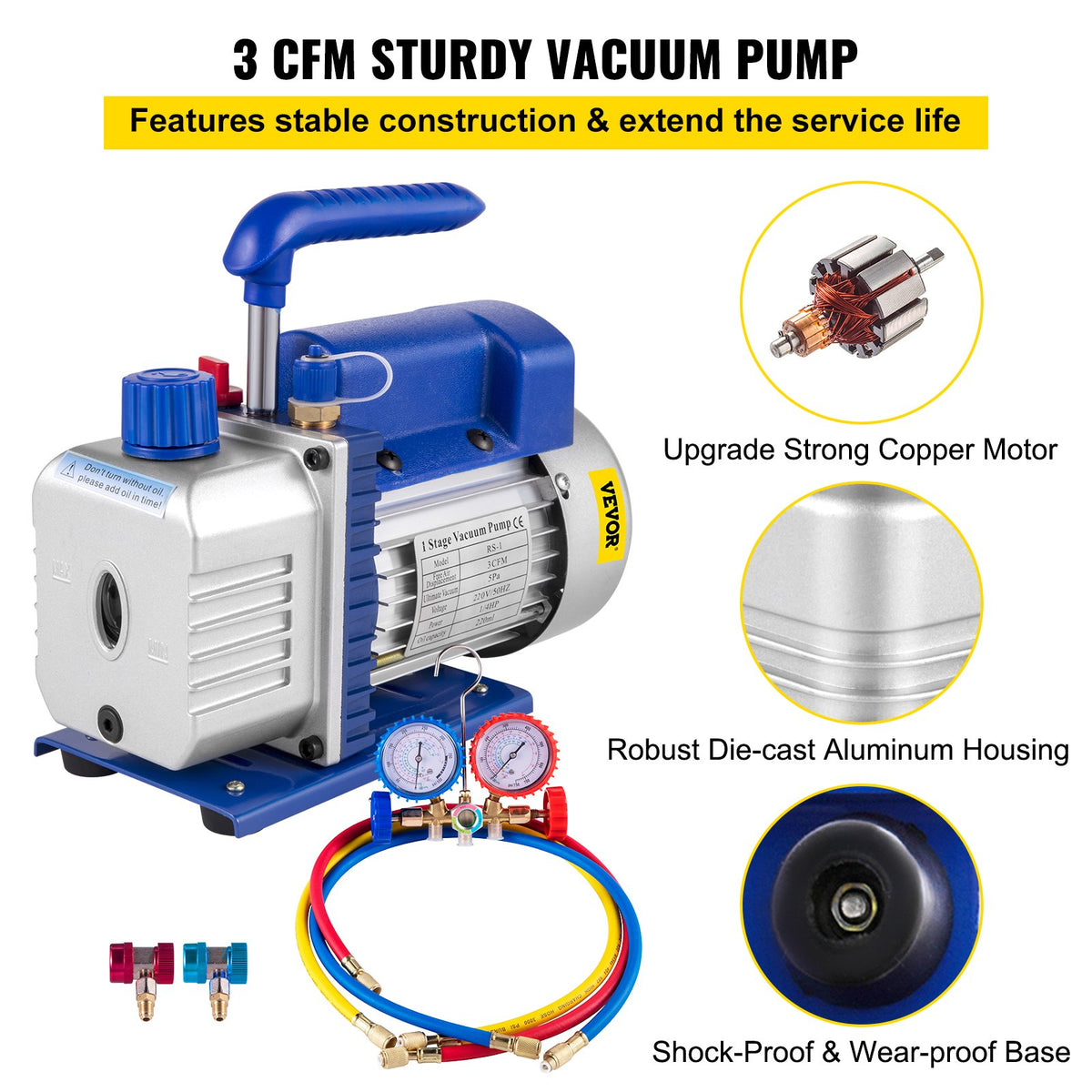 VEVOR 3CFM 1/4HP Refrigerant Vacuum Pump Kit, 85 L/min Refrigerant Controlled Tools HVAC Single Stage AC Vacuum Pump A/C Manifold Gauge Set Refrigerant (3CFM 1/4HP)
