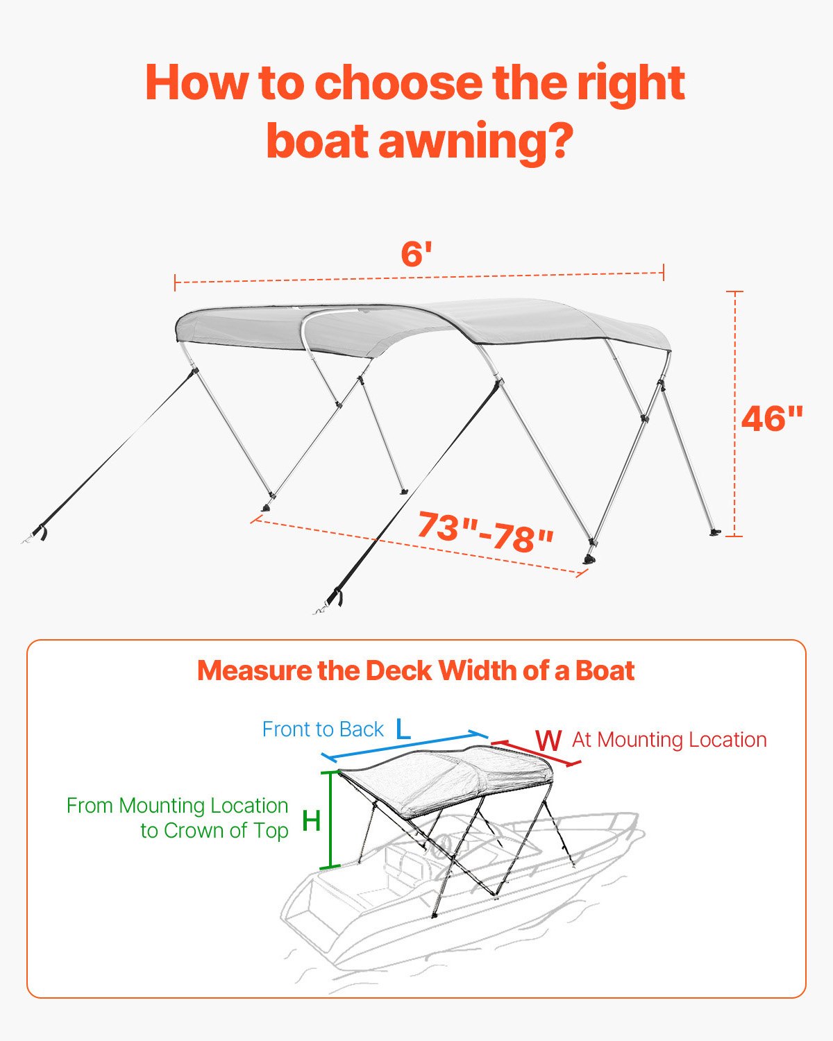 VEVOR 3 Bow Boat Bimini Tops, 600D Polyester Canopy with Aluminum Alloy Frame, Waterproof & Sun Shade Boat Awning Canopy with Storage Bag, 2 Support Poles, 4 Straps, 72"Lx(73"-78")Wx46"H, Light Grey