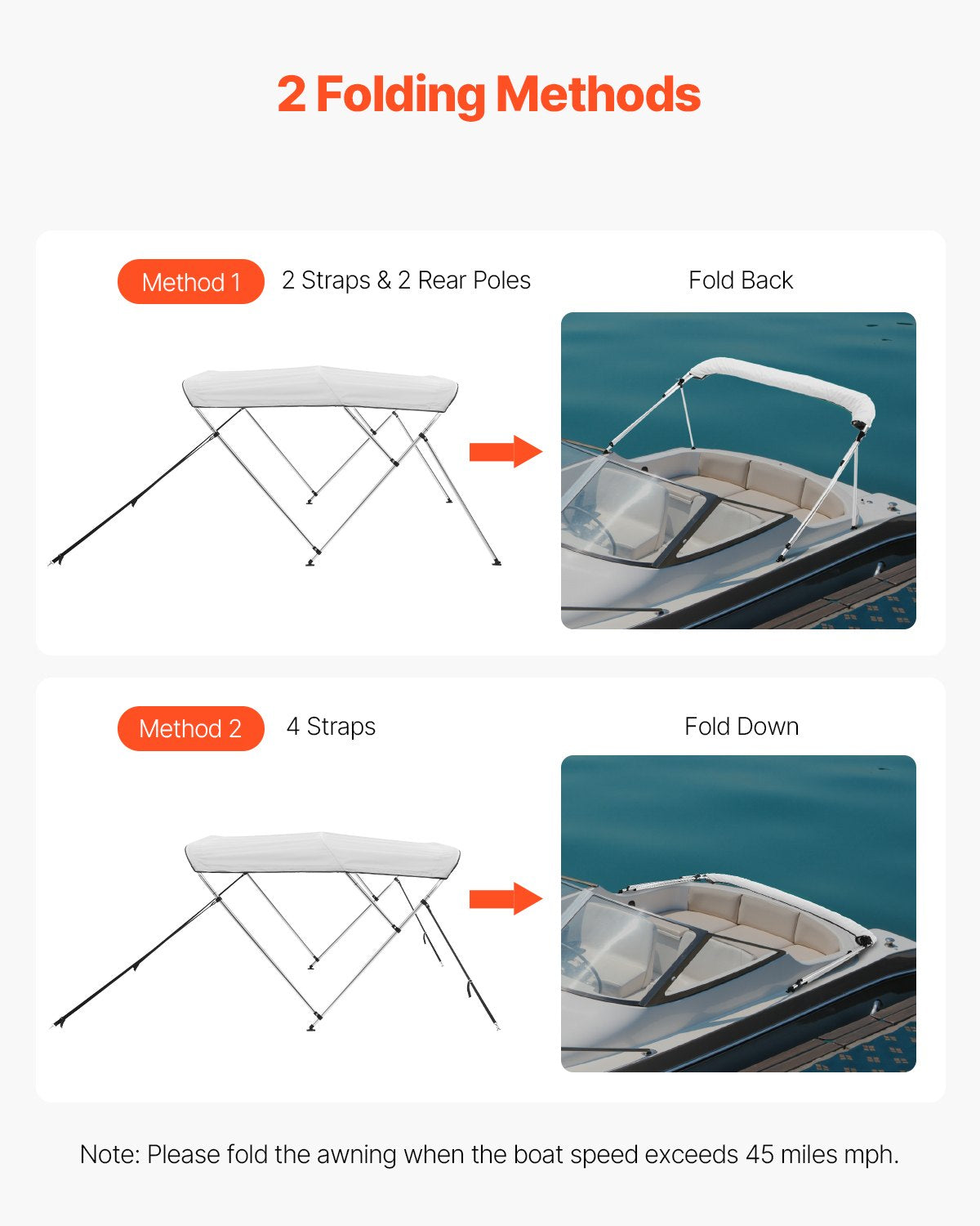 VEVOR 3 Bow Boat Bimini Tops, 600D Polyester Canopy with Aluminum Alloy Frame, Waterproof & Sun Shade Boat Awning Canopy with Storage Bag, 2 Support Poles, 4 Straps, 72"Lx(79"-84")Wx46"H, Light Grey