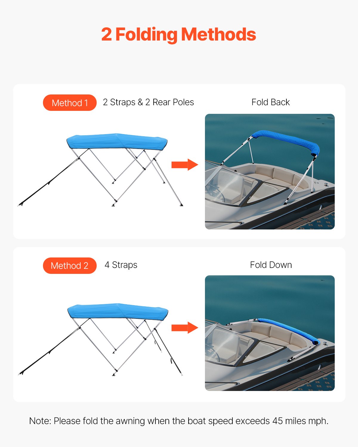 VEVOR 3 Bow Boat Bimini Tops, 600D Polyester Canopy with Aluminum Alloy Frame, Waterproof & Sun Shade Boat Awning Canopy with Storage Bag, 2 Support Poles, 4 Straps, 72"Lx(85"-90")Wx46"H, Pacific Blue