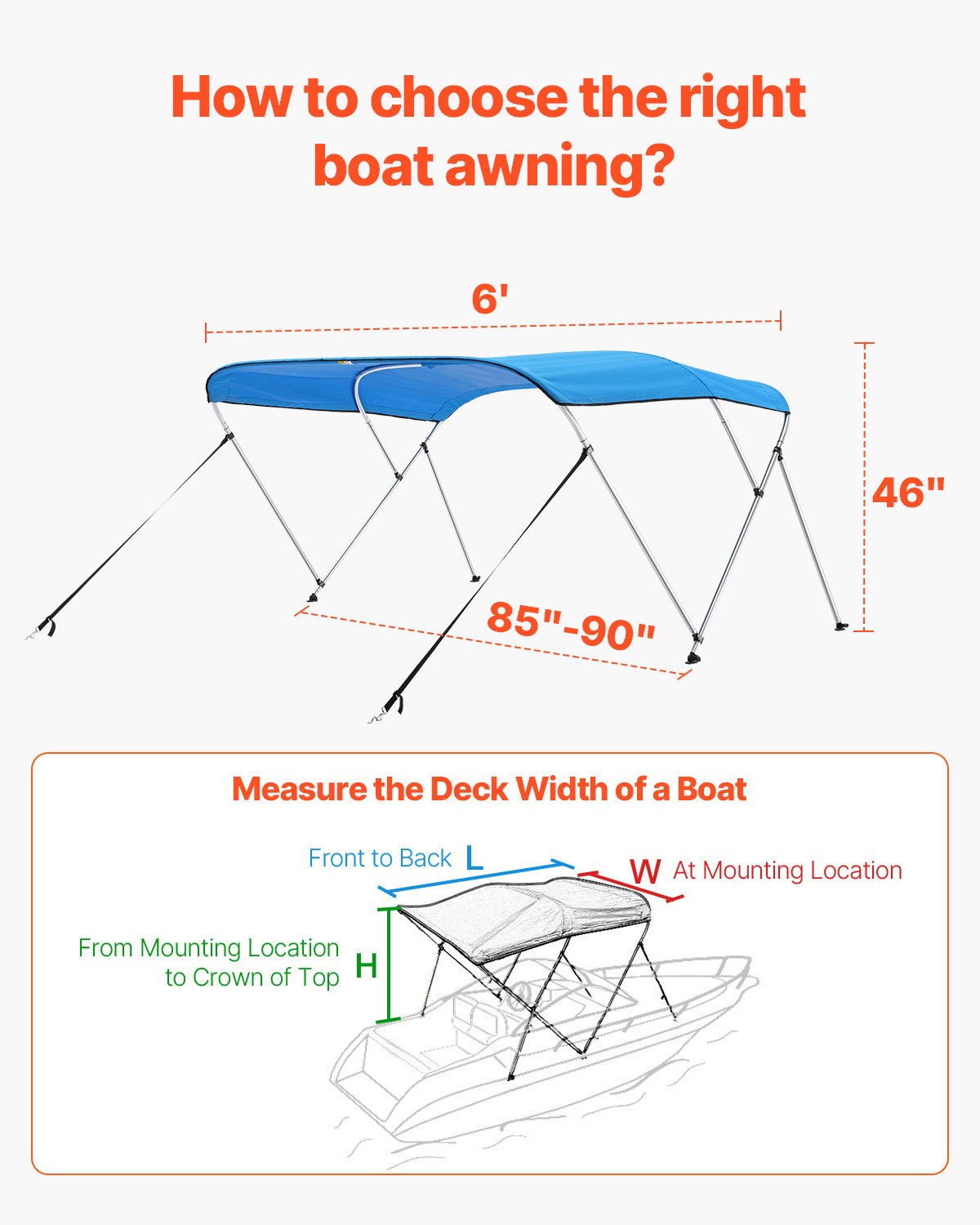 VEVOR 3 Bow Boat Bimini Tops, 600D Polyester Canopy with Aluminum Alloy Frame, Waterproof & Sun Shade Boat Awning Canopy with Storage Bag, 2 Support Poles, 4 Straps, 72"Lx(85"-90")Wx46"H, Pacific Blue
