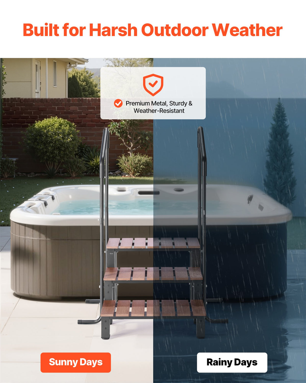 VEVOR Hot Tub Step with Handrail, 3-Step Spa Outdoor Stairs, Heavy Duty 640.1 mm Wide Above-Ground/Inflatable Pool Ladder with 249.5 kg Weight Capacity, Multi-Use for Porch, Patio, Deck, Trailers