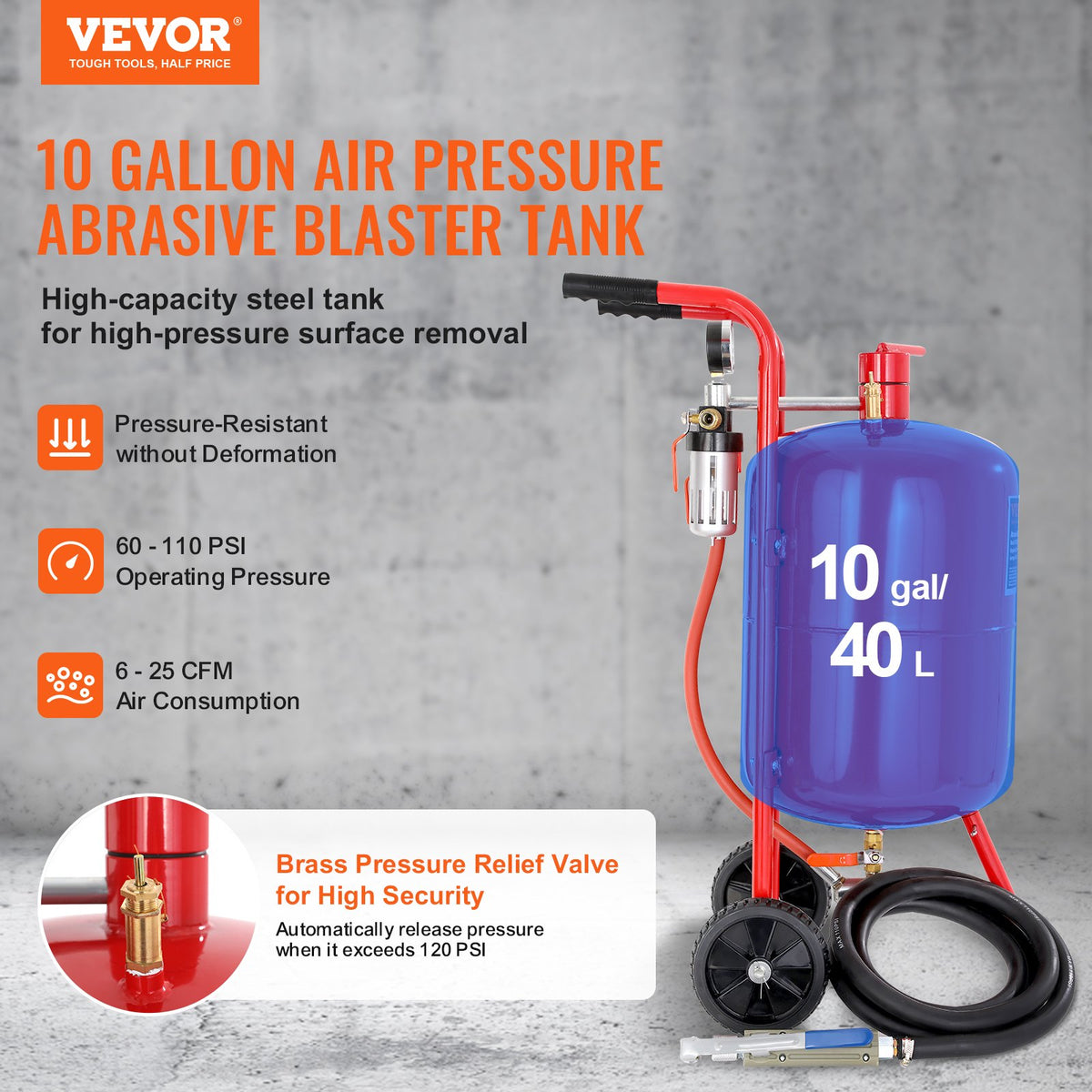 VEVOR 10Gal/40L Sandblaster Equipped with Nozzle Shut-Off Valve Pressure Gauge Ceramic Nozzle 2.5m Hose Filling Funnel Watertrap 6\" Rubber Wheels Grit Power Sand Blasters Portable Sandblasting Equipm