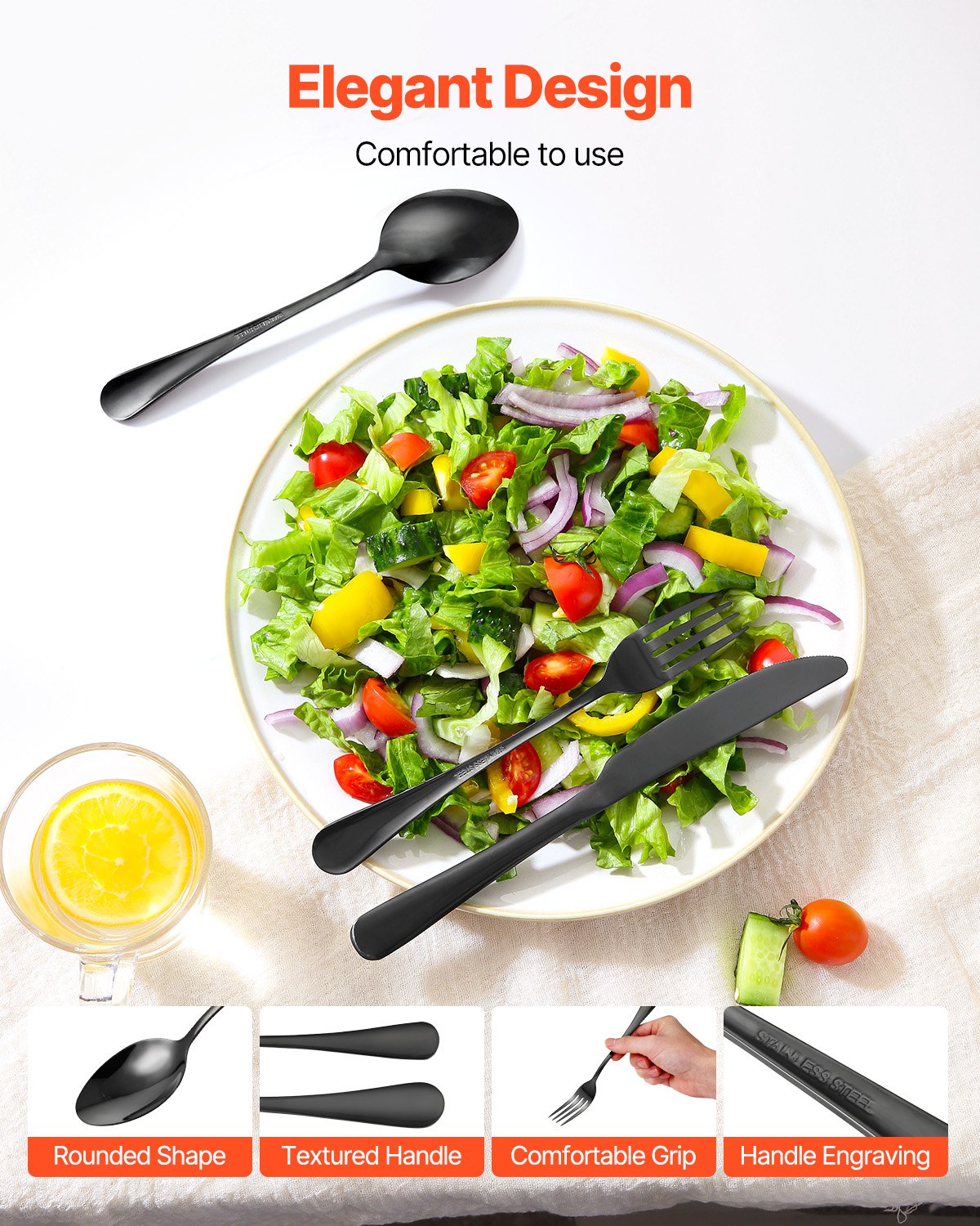 VEVOR 48-Piece Black Silverware Set with Steak Knives, Food-Grade Stainless Steel Flatware Utensils for 8, Mirror Finished Cutlery Set, Dishwasher Safe Eating Tableware for Kitchen Home, Service for 8