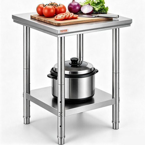 VEVOR Stainless Steel Prep Table, 24 x 24 x 31 Inch, 700 lbs Load Capacity, Heavy Duty Metal Worktable with 3 Adjustable Height Levels, Commercial Workstation for Kitchen Garage Restaurant Backyard