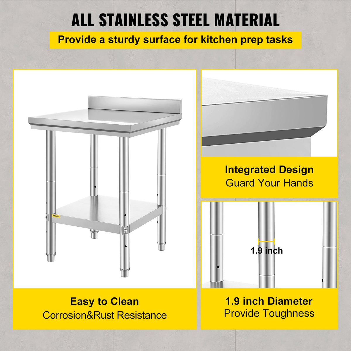 VEVOR 24 x 24 x 35 Inch Stainless Steel Work Table, Commercial Food Prep Worktable Heavy Duty Prep Worktable, Metal Work Table with Adjustable Height for Restaurant, Home and Hotel