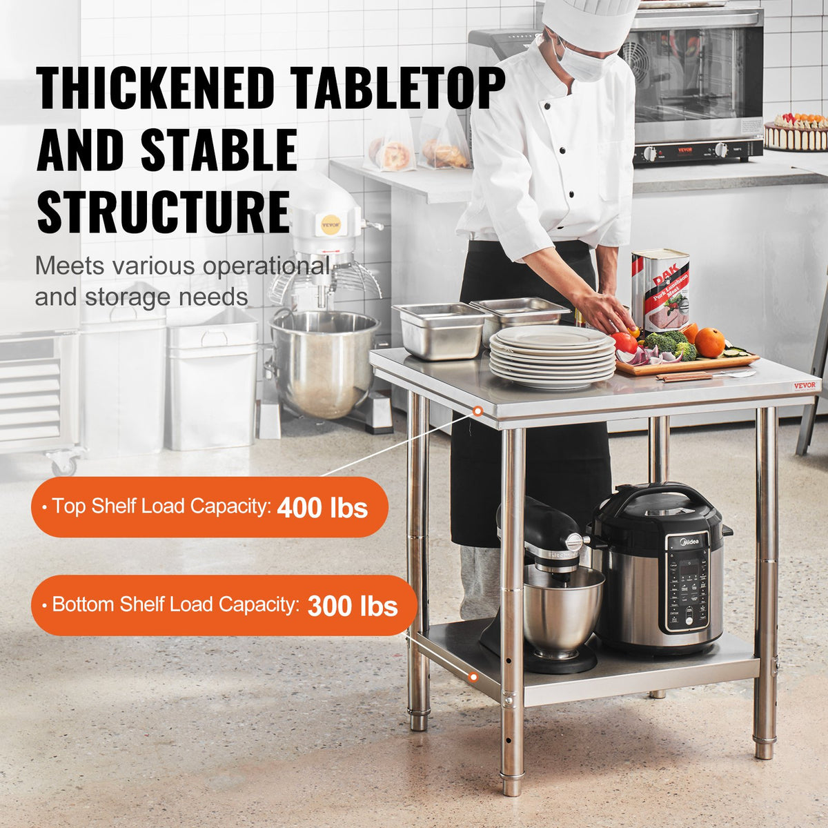 VEVOR Stainless Steel Prep Table, 24 x 30 x 31 Inch, 700 lbs Load Capacity, Heavy Duty Metal Worktable with 3 Adjustable Height Levels, Commercial Workstation for Kitchen Garage Restaurant Backyard