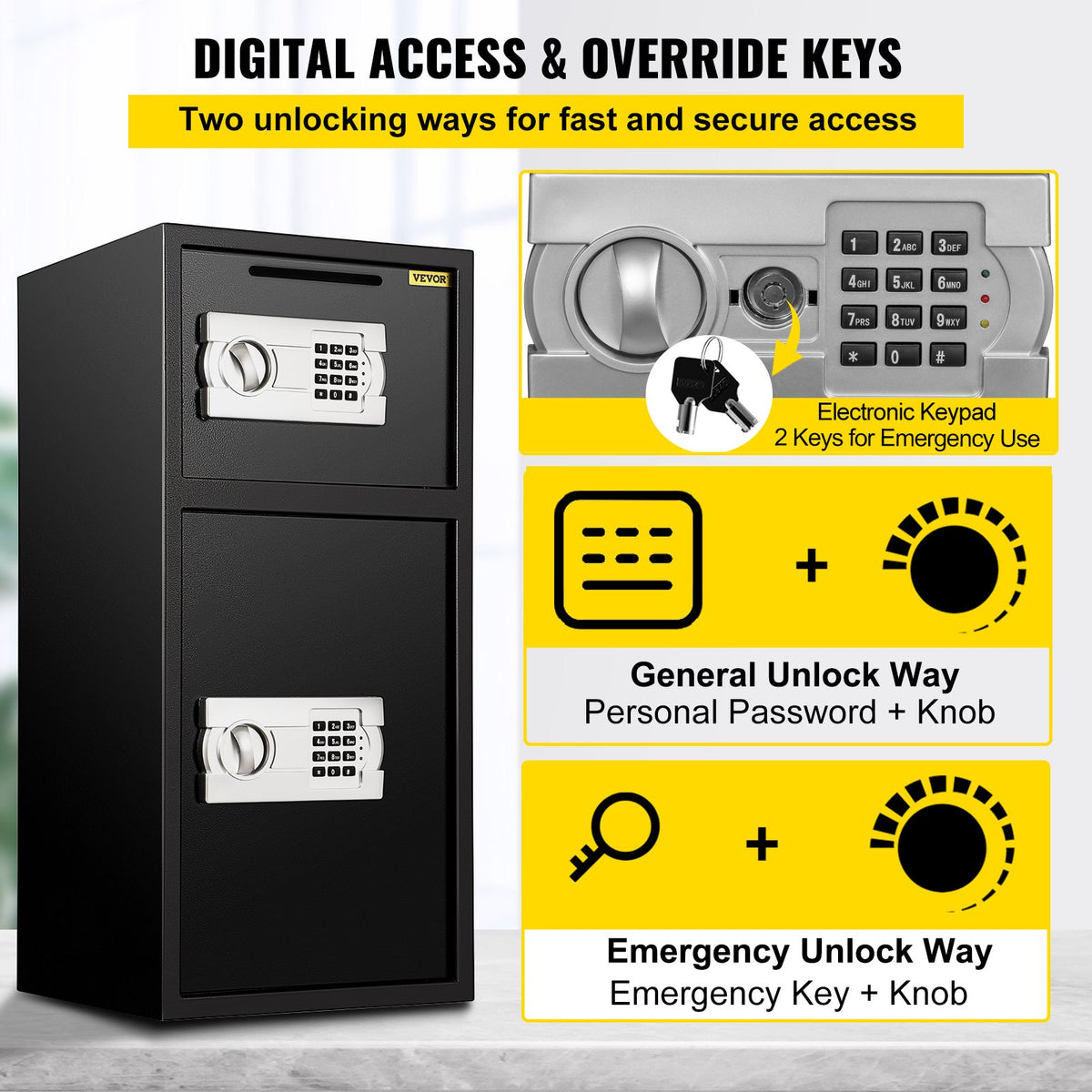 VEVOR 74 L Digital Double Door Safe Depository Box Gun Safes Cash Office Security Lock Strong Iron Larger Digital Safe Box