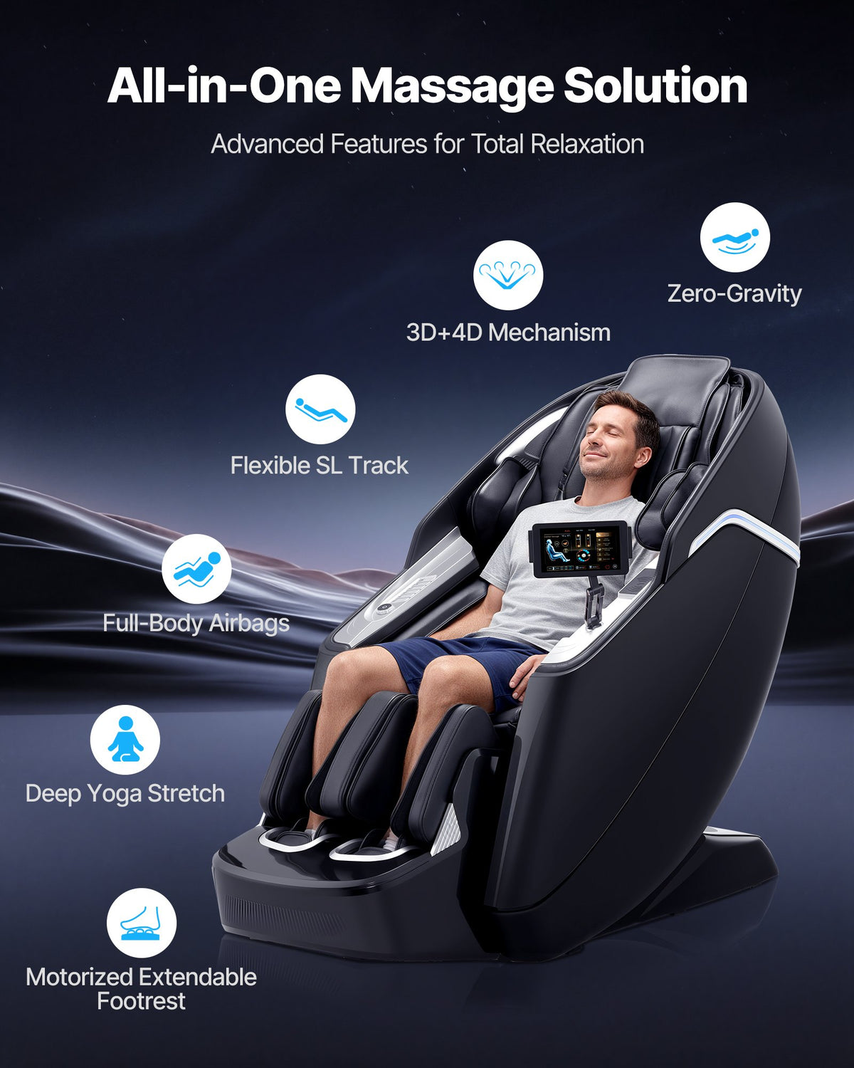 VEVOR Dual-Core 4D+3D Full Body Massage Chair,  with Extended SL Track, Deep Yoga Stretch, Electric Extendable Footrest, TFT, AI Voice Control, Heat, Airbags, Armrest Controls, Wheels