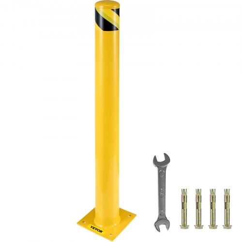 VEVOR Safety Bollard 107 cm x 11.4 cm Safety Barrier Bollard 11.4 cm OD 107 cm Height Yellow Powder Coat Pipe Steel Safety Barrier with 4 Free Anchor Bolts for Traffic-Sensitive Area