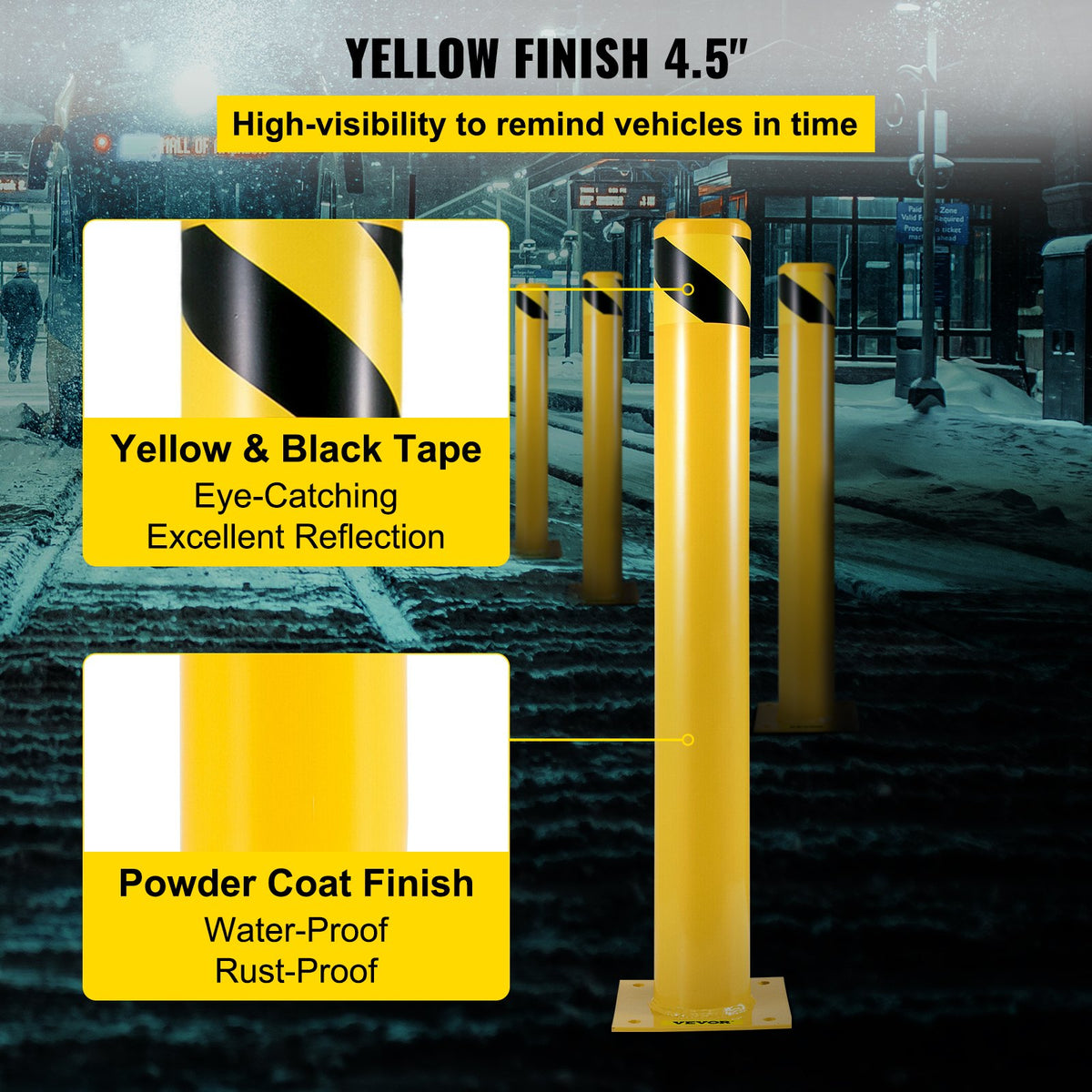 VEVOR Safety Bollard 107 cm x 11.4 cm Safety Barrier Bollard 11.4 cm OD 107 cm Height Yellow Powder Coat Pipe Steel Safety Barrier with 4 Free Anchor Bolts for Traffic-Sensitive Area