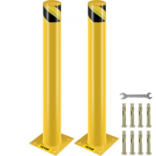 VEVOR Safety Bollard, 36 Inch Height Bollard Post, 4.5 Inch Diameter Steel Pipe Safety Bollard Post, Yellow Steel Bollard, Steel Safety Bollard with 8 Anchor Bolts, Perfect for Traffic-Sensitive Area