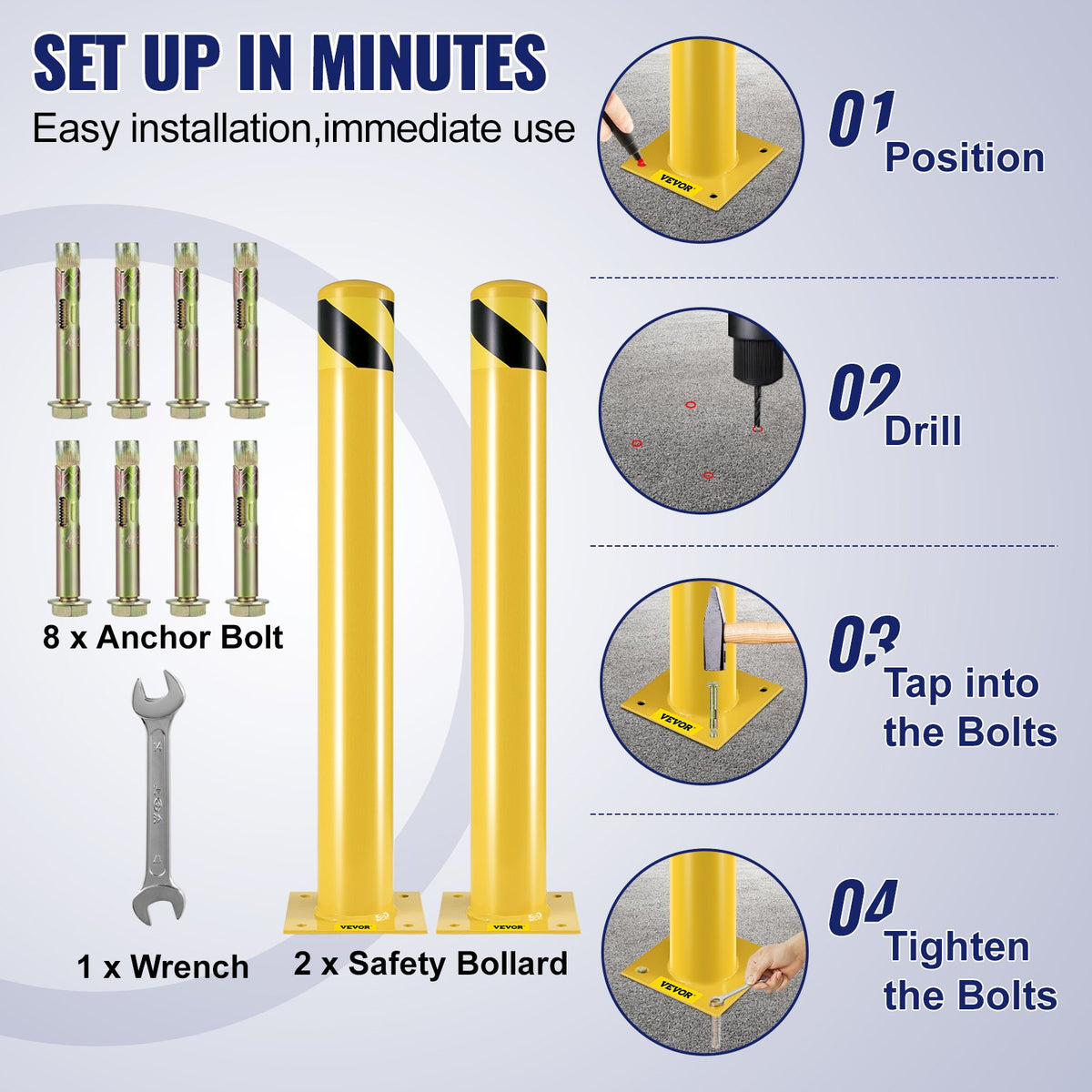 VEVOR Safety Bollard, 36 Inch Height Bollard Post, 4.5 Inch Diameter Steel Pipe Safety Bollard Post, Yellow Steel Bollard, Steel Safety Bollard with 8 Anchor Bolts, Perfect for Traffic-Sensitive Area