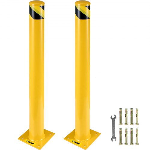 VEVOR Safety Bollard, 48 Inch Height Bollard Post, 5.5 Inch Diameter Steel Pipe Safety Bollard Post, Yellow Steel Bollard, Steel Safety Bollard with 8 Anchor Bolts, Perfect for Traffic-Sensitive Area
