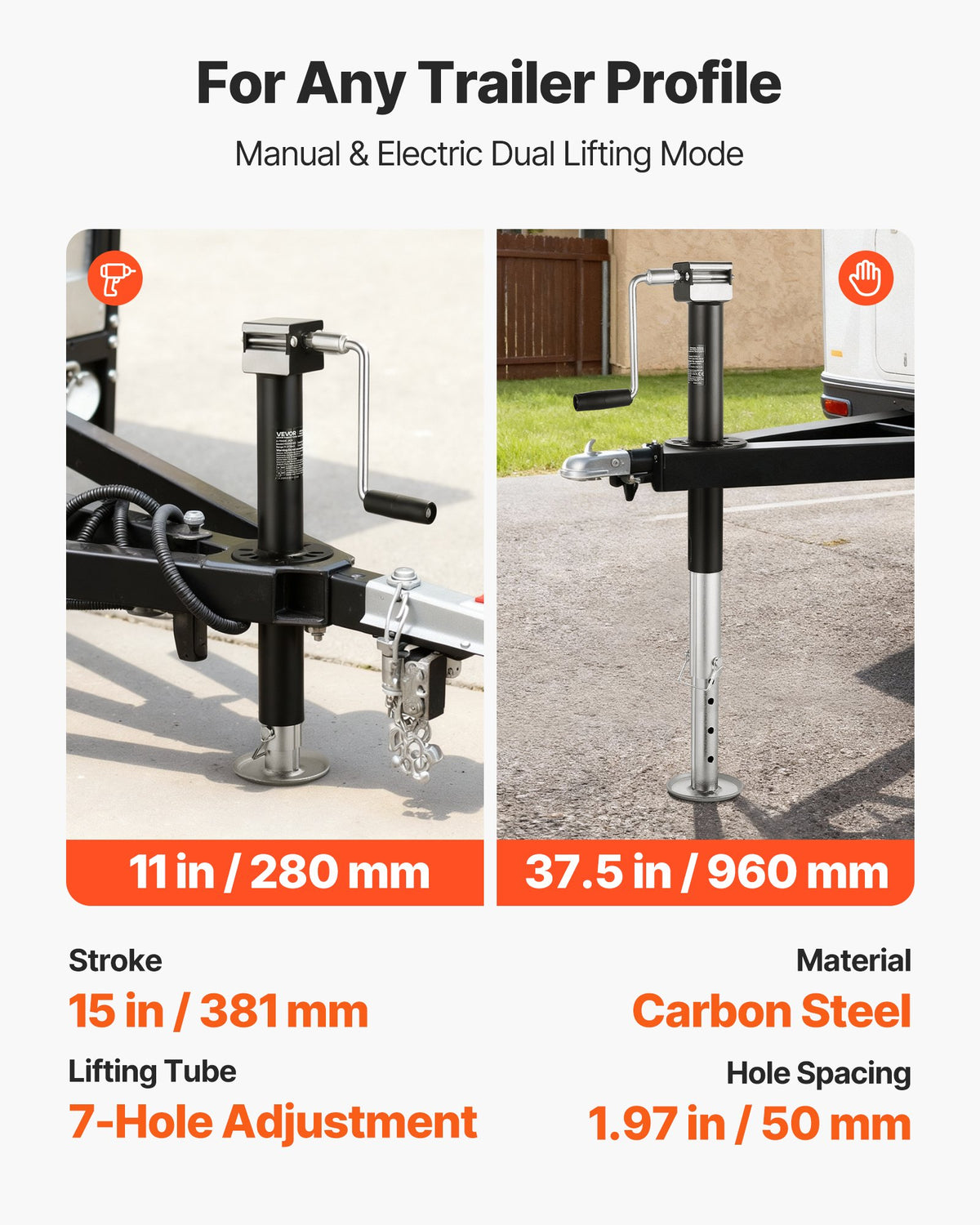 VEVOR 2267 kg A-Frame Trailer Jack, 381 mm Vertical Travel, Trailer Lift Jack with Adjustable 7-Level Drop Leg & Drill Socket, Cordless Drill Compatible, Suitable for RV, Utility, Yacht Trailers