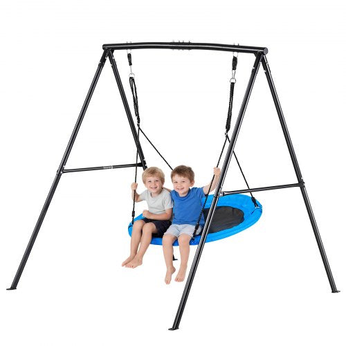 VEVOR Swing Set for Backyard, 100 cm Saucer Swing Seat with Heavy Duty A-Frame Metal Stand, 199.6 kg Load Capacity, Reinforced with Spiral Ground Anchors, Swingset Outdoor for Kids, Black and Blue