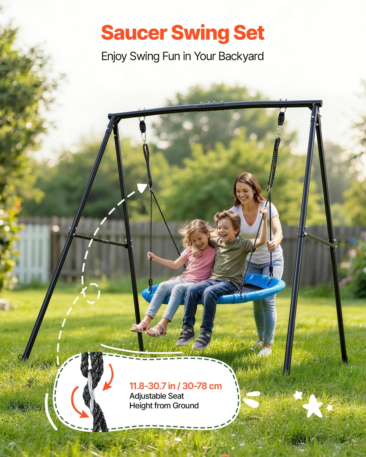 VEVOR Swing Set for Backyard, 100 cm Saucer Swing Seat with Heavy Duty A-Frame Metal Stand, 199.6 kg Load Capacity, Reinforced with Spiral Ground Anchors, Swingset Outdoor for Kids, Black and Blue
