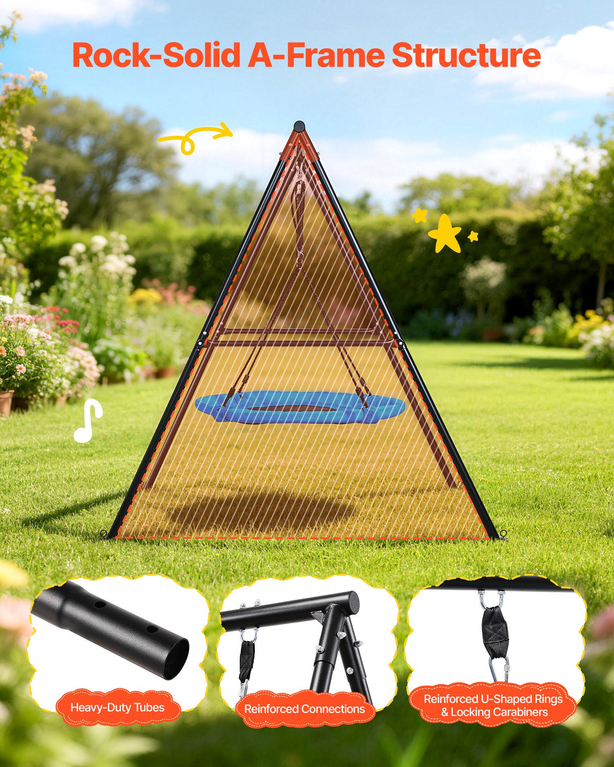 VEVOR Swing Set for Backyard, 100 cm Saucer Swing Seat with Heavy Duty A-Frame Metal Stand, 199.6 kg Load Capacity, Reinforced with Spiral Ground Anchors, Swingset Outdoor for Kids, Black and Blue