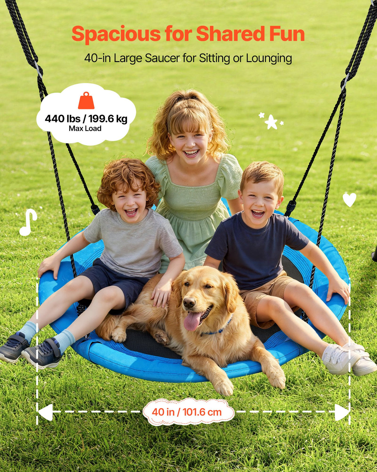 VEVOR Swing Set for Backyard, 100 cm Saucer Swing Seat with Heavy Duty A-Frame Metal Stand, 199.6 kg Load Capacity, Reinforced with Spiral Ground Anchors, Swingset Outdoor for Kids, Black and Blue