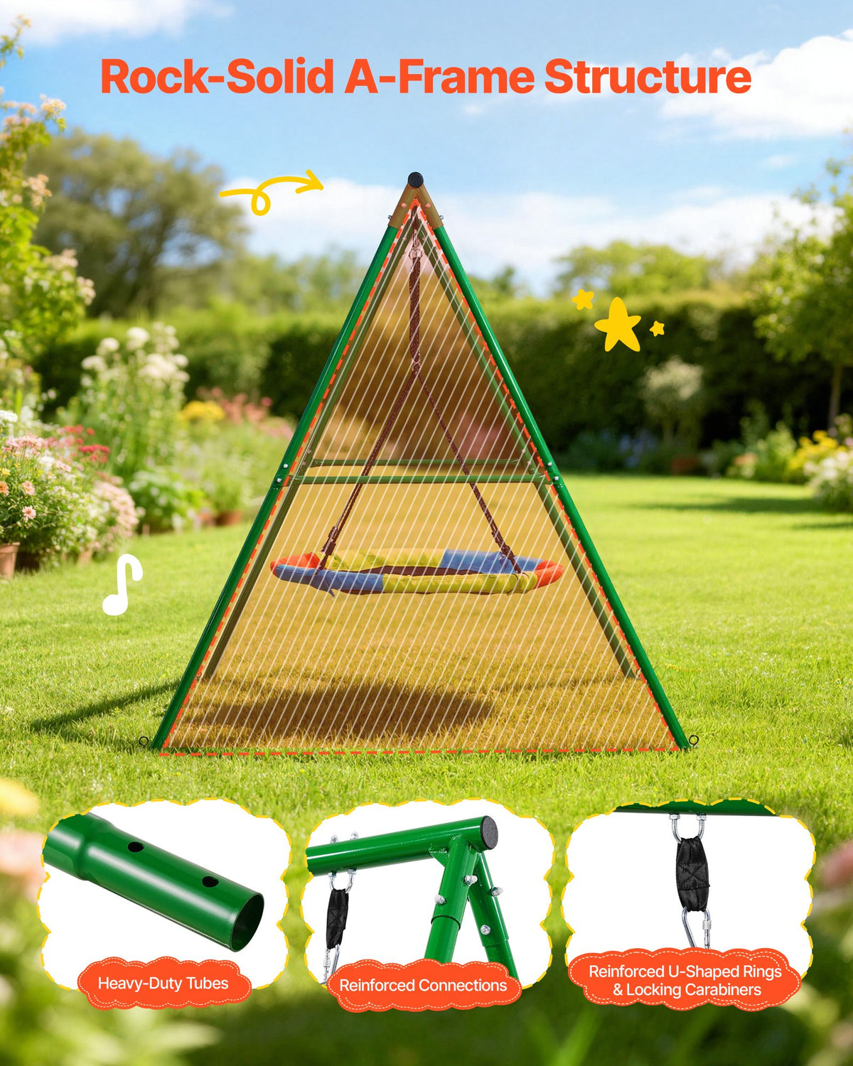 VEVOR Swing Set for Backyard, 100 cm Saucer Swing Seat with Heavy Duty A-Frame Metal Stand, 199.6 kg Load Capacity, Reinforced with Spiral Ground Anchors, Swingset Outdoor for Kids, Green and Colorful