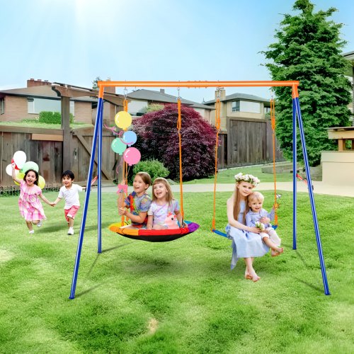 VEVOR Swing Sets for Backyard, 440lbs Load Capacity Swing Set, with 1 Saucer Swing Seat, 1 Belt Swing Seat, Heavy Duty A-Frame Metal Swing Stand and Adjustable Rope, Swingset Outdoor for Kids