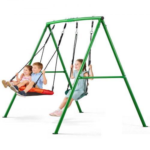 VEVOR Swing Set for Backyard, 80 cm Saucer Swing Seat and Belt Seat, with Heavy Duty A-Frame Metal Stand, 199.6 kg Load Capacity, Reinforced with Spiral Ground Anchors, Swingset Outdoor for Kids