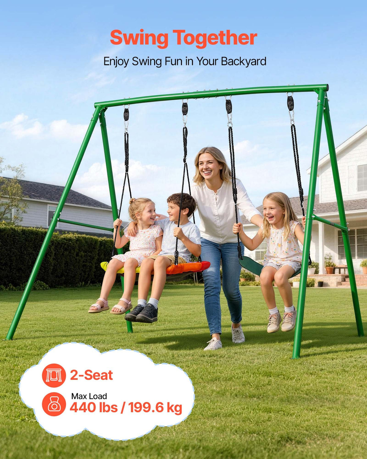 VEVOR Swing Set for Backyard, 80 cm Saucer Swing Seat and Belt Seat, with Heavy Duty A-Frame Metal Stand, 199.6 kg Load Capacity, Reinforced with Spiral Ground Anchors, Swingset Outdoor for Kids