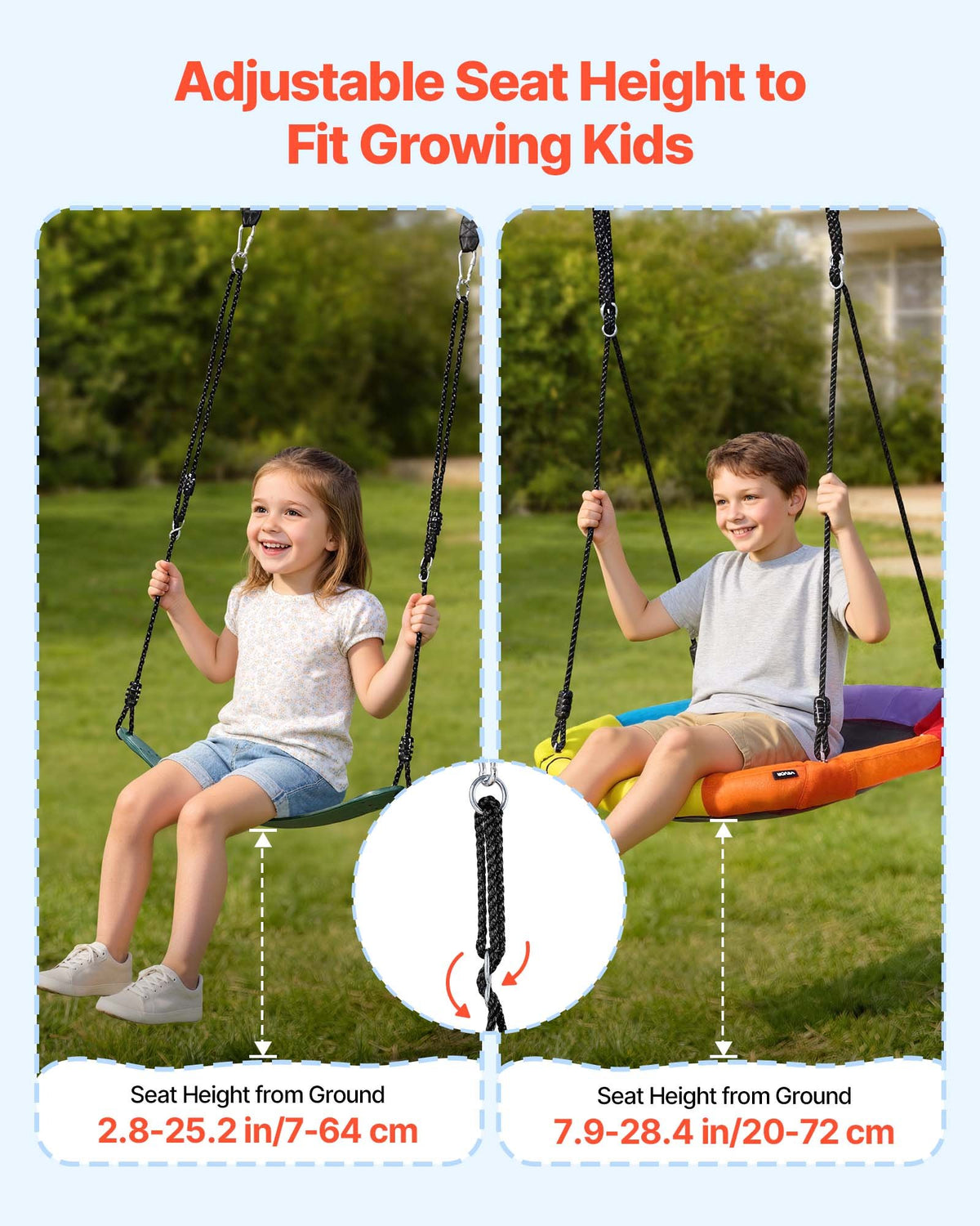 VEVOR Swing Set for Backyard, 80 cm Saucer Swing Seat and Belt Seat, with Heavy Duty A-Frame Metal Stand, 199.6 kg Load Capacity, Reinforced with Spiral Ground Anchors, Swingset Outdoor for Kids