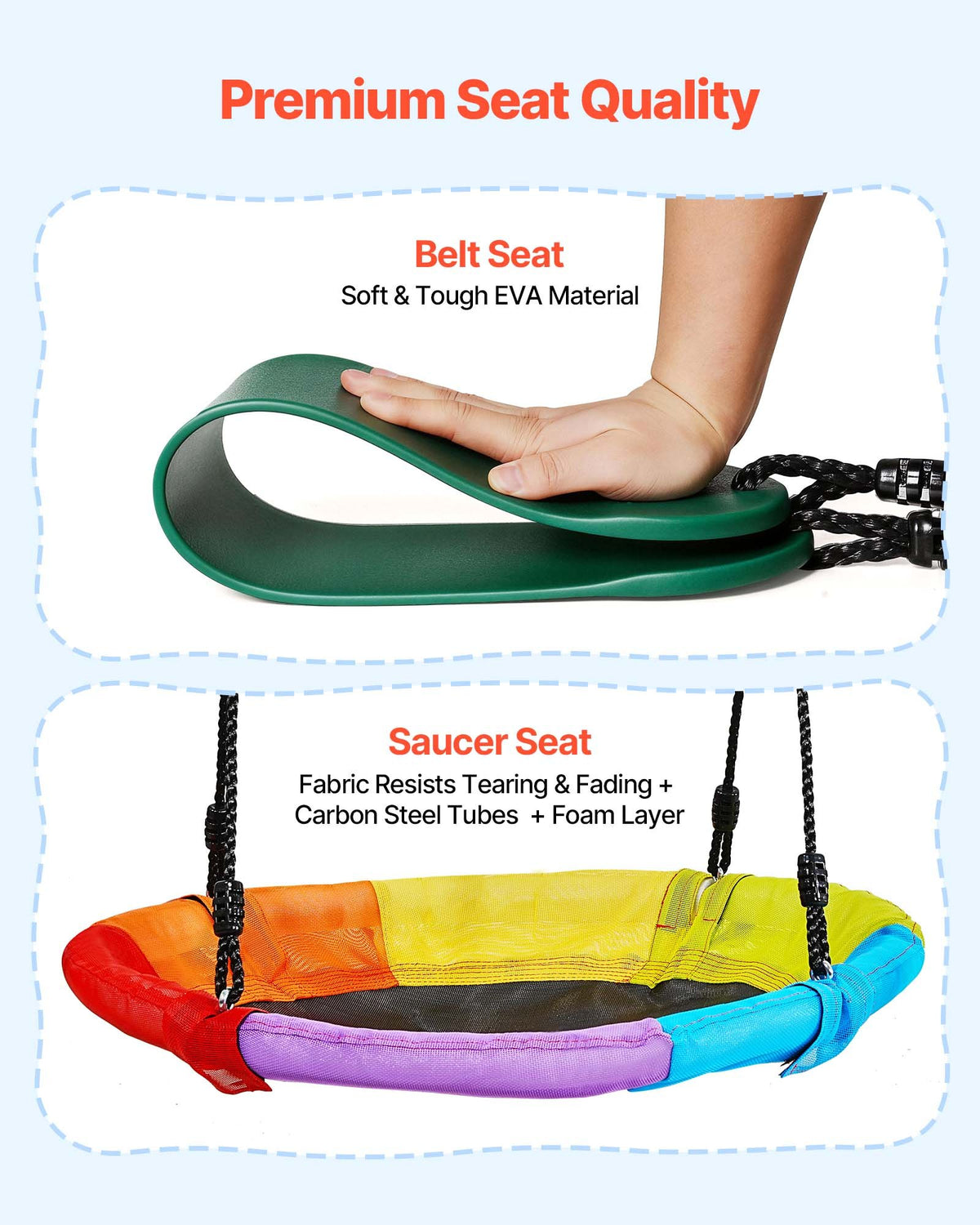 VEVOR Swing Set for Backyard, 80 cm Saucer Swing Seat and Belt Seat, with Heavy Duty A-Frame Metal Stand, 199.6 kg Load Capacity, Reinforced with Spiral Ground Anchors, Swingset Outdoor for Kids