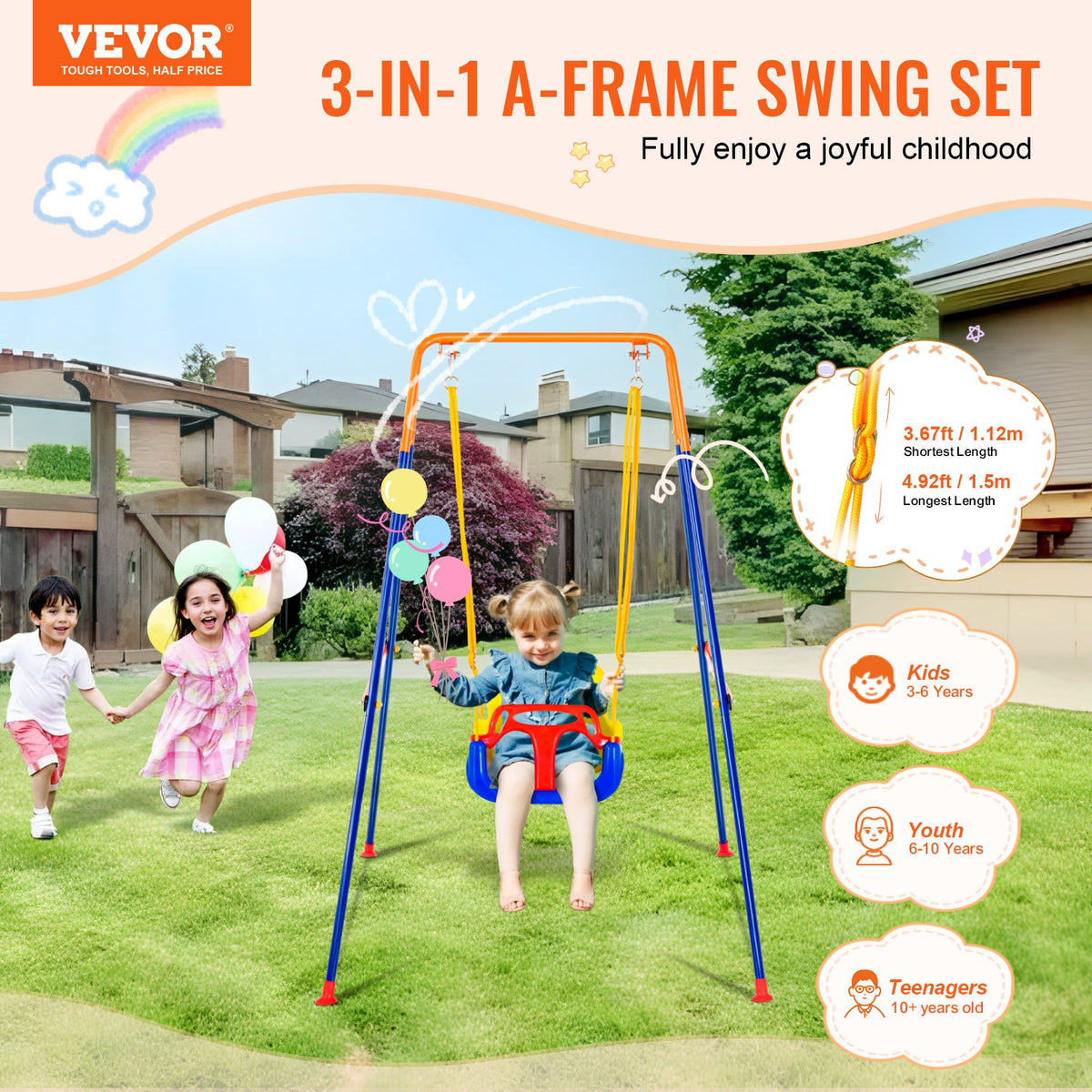 VEVOR Swing Sets for Backyard, 3-in-1 Toddler Swing Set with 4 Sandbags, Foldable Metal Stand, Easy to Assemble, Swingset Indoor/Outdoor for Kids 3-6 Years, Youth 6-10 Years and Teenagers 10+
