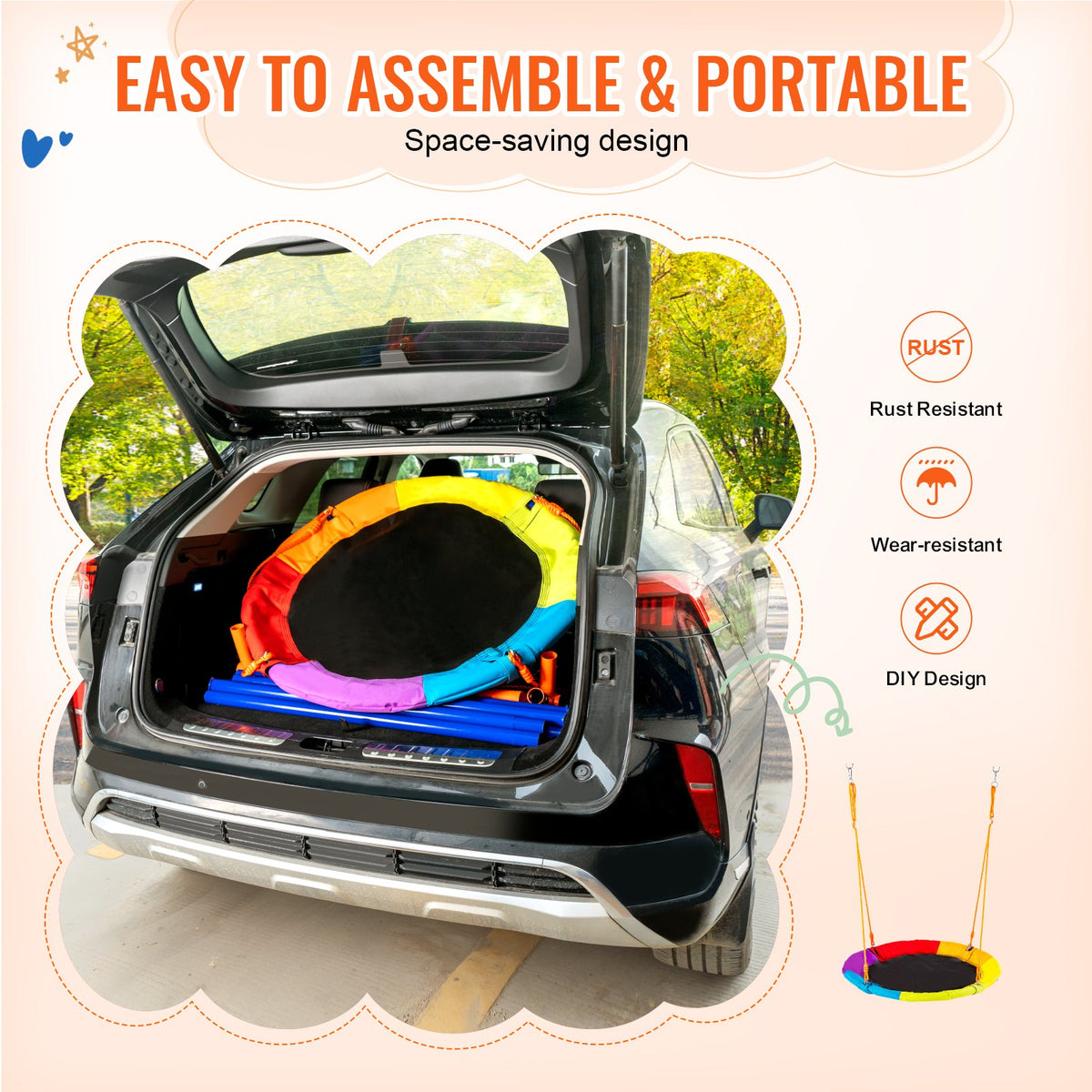 VEVOR Swing Sets for Backyard, 440lbs Load Capacity Swing Set, 40" Saucer Swing Seat with Heavy Duty A-Frame Metal Swing Stand and Adjustable Rope, Easy to Assemble, Swingset Outdoor for Kids