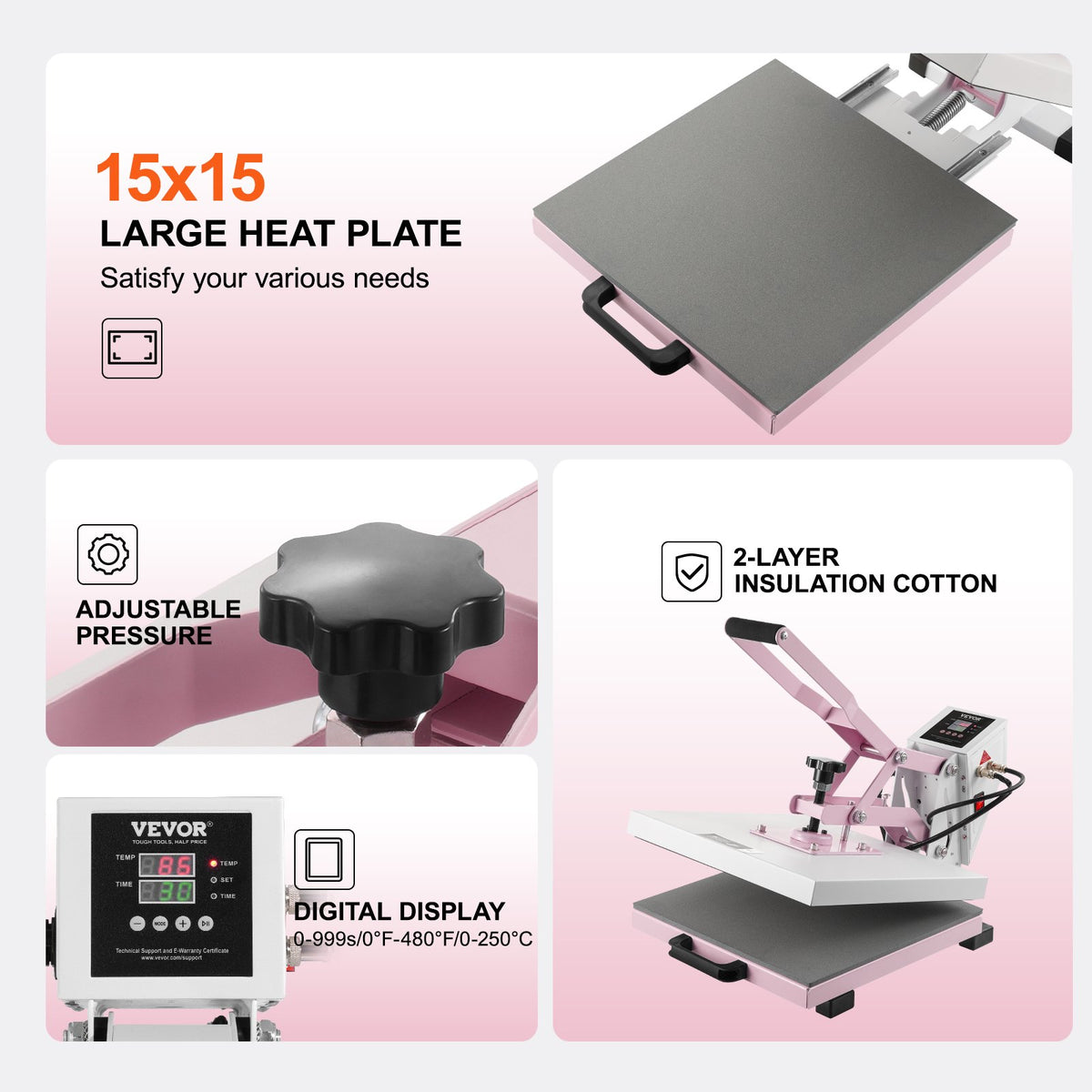 VEVOR Heat Press Machine 38x38 cm Slide Out Heat Transfer Machine T-Shirts Pink
