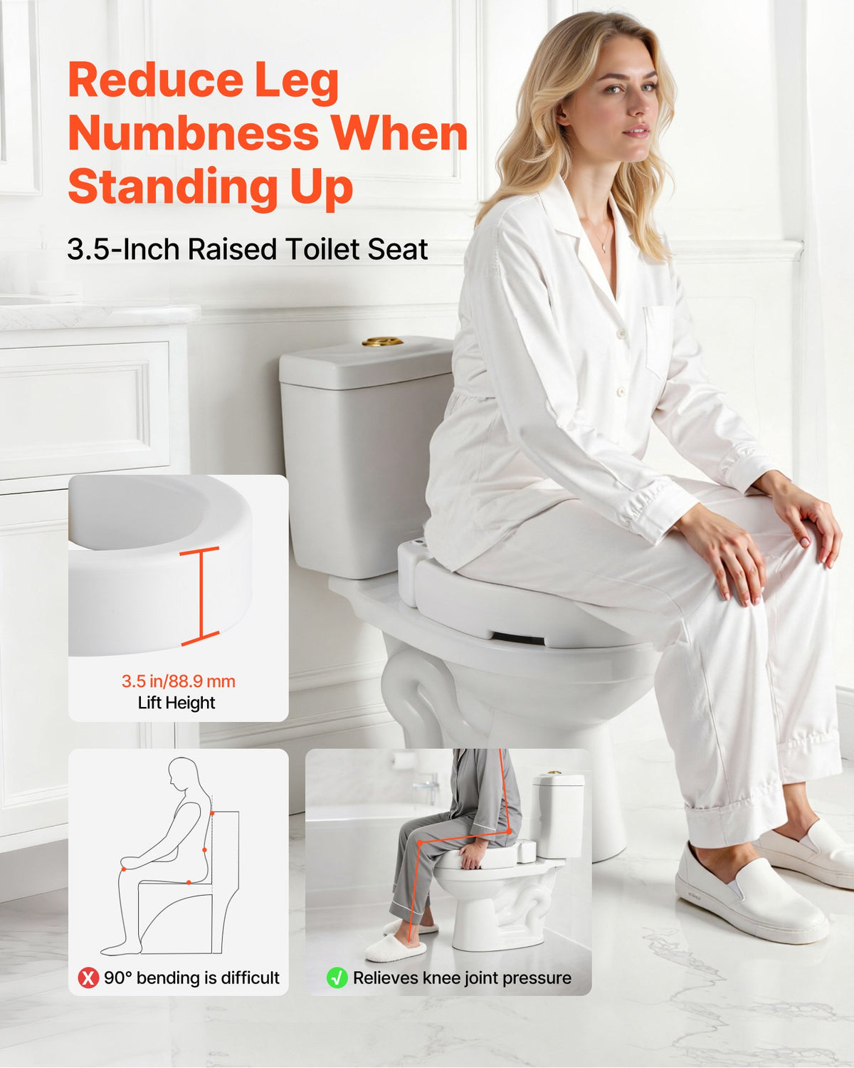 VEVOR Raised Toilet Seat, 136.1 kg Load Capacity, 88.9 mm Lift Height, Commode Elevated Toilet Seat Riser with Enlarged Opening for Seniors, Elderly, Handicap, Disabled, and Adults, Fits Round Bowl