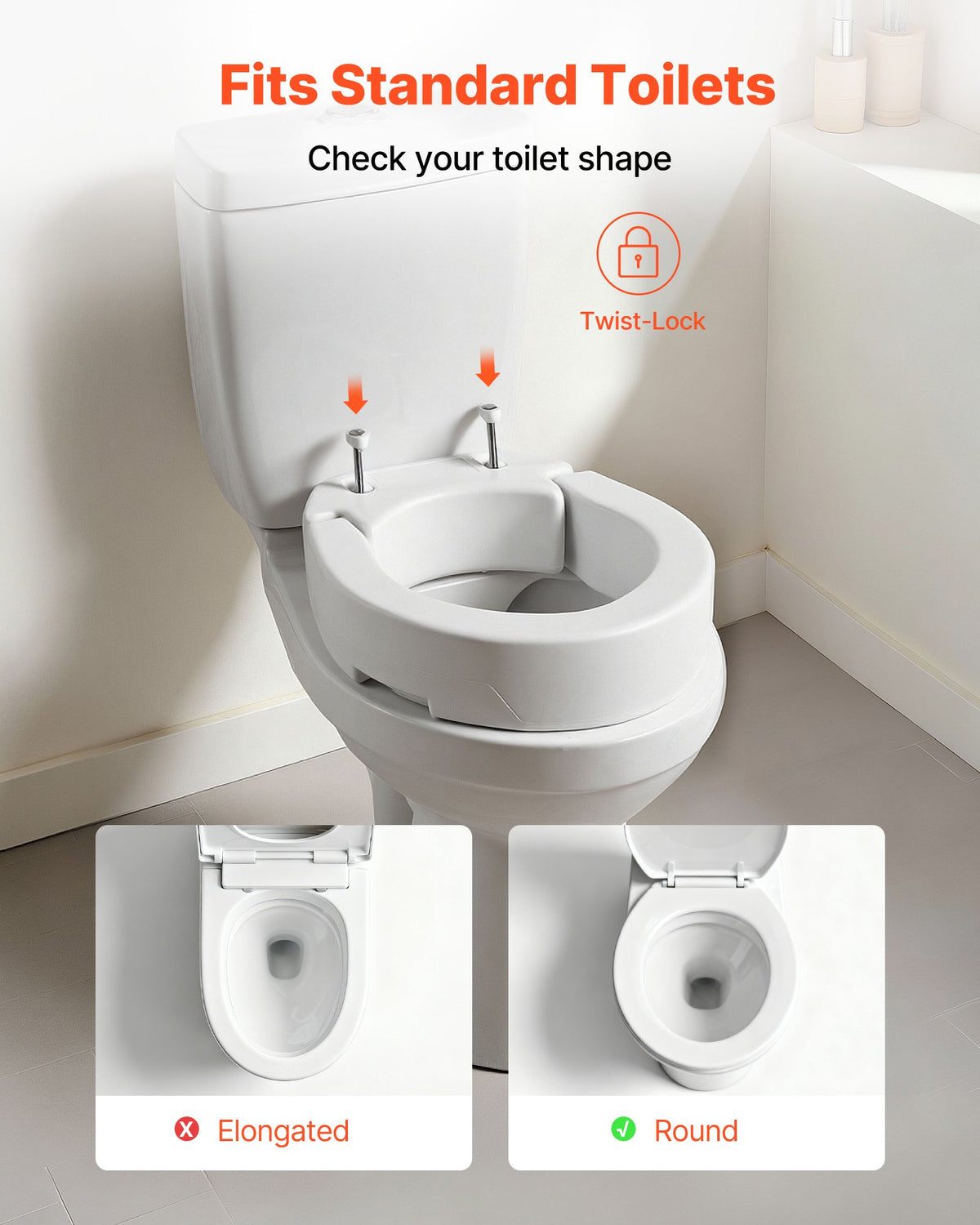 VEVOR Raised Toilet Seat, 136.1 kg Load Capacity, 88.9 mm Lift Height, Commode Elevated Toilet Seat Riser with Enlarged Opening for Seniors, Elderly, Handicap, Disabled, and Adults, Fits Round Bowl
