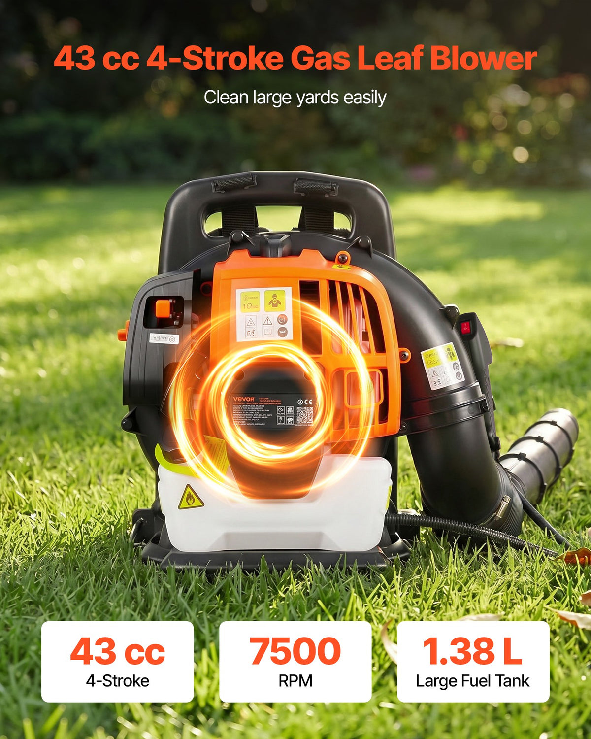 VEVOR Backpack Leaf Blower, 43CC 2-Stroke Engine Gas Powered Leaf Blower with 1.38L Fuel Tank, 815 m³/h Air Volume, 241 km/h Air Speed, Ideal for Lawn Care, Leaves Cleaning, Yard Debris & Snow Removal