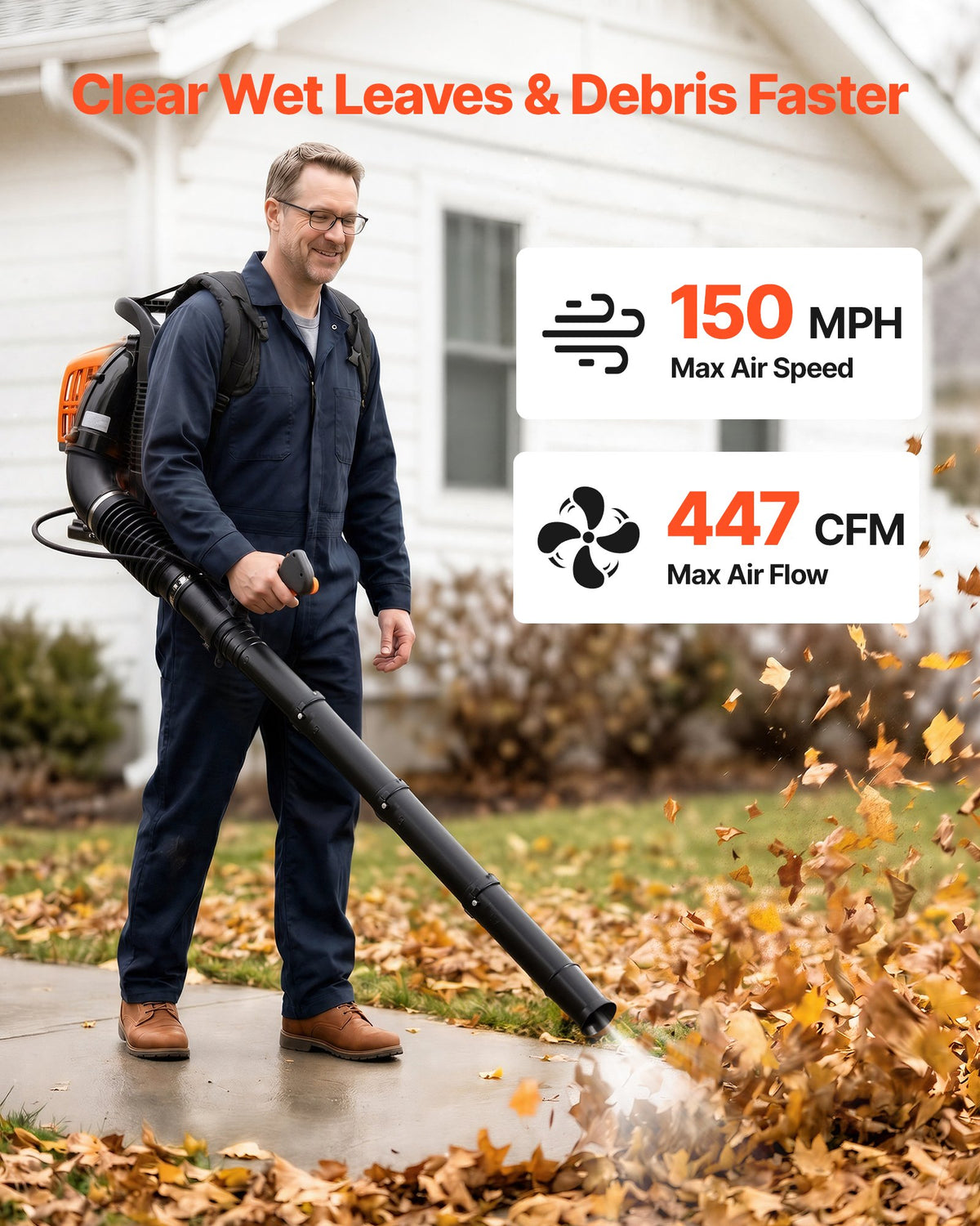VEVOR Backpack Leaf Blower, 43CC 2-Stroke Engine Gas Powered Leaf Blower with 1.38L Fuel Tank, 815 m³/h Air Volume, 241 km/h Air Speed, Ideal for Lawn Care, Leaves Cleaning, Yard Debris & Snow Removal