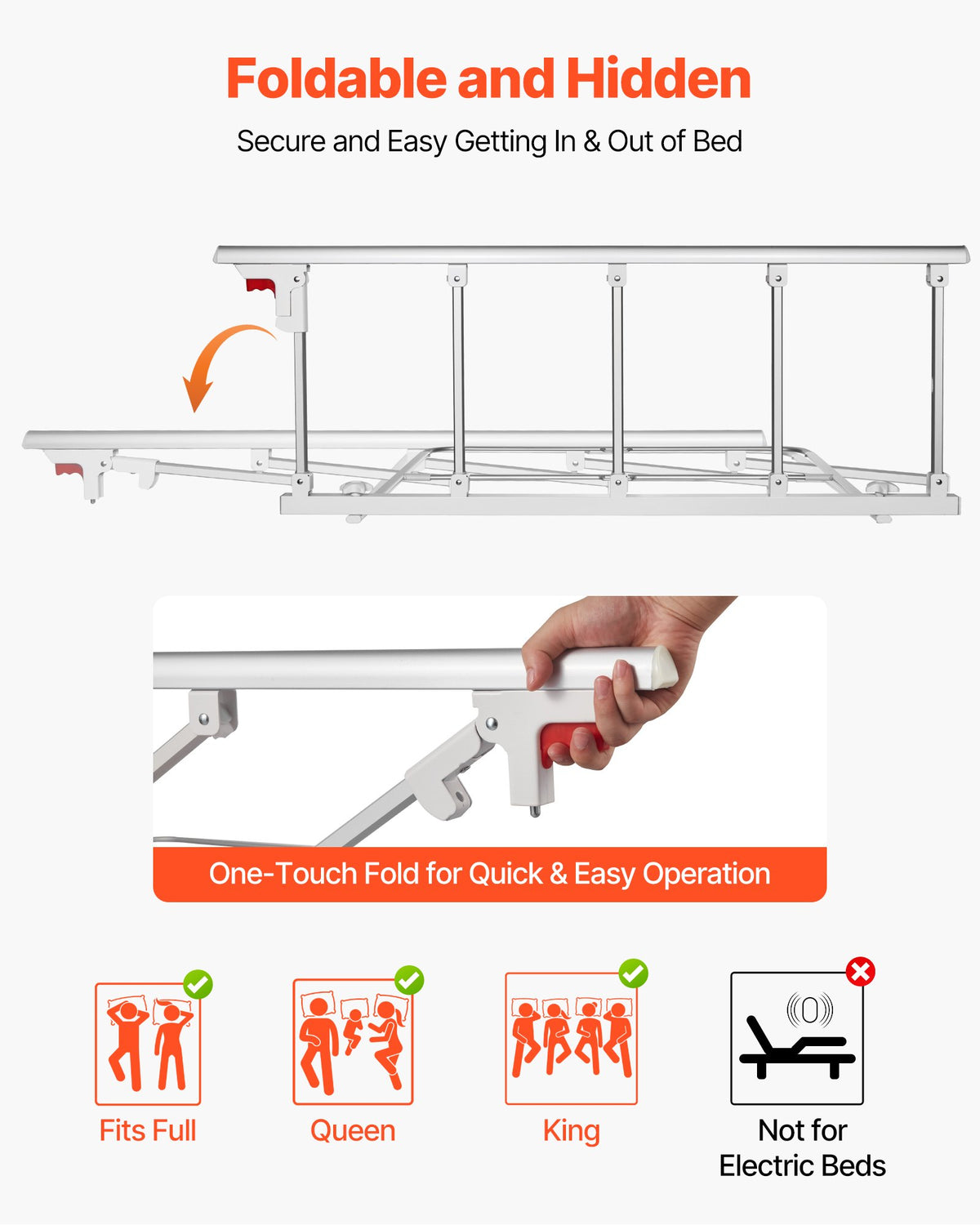 VEVOR Foldable Bed Rail for Elderly, 122 cm Bedside Assist Rail with Fixing Strap, Adjustable Height Pipe Bedside Cane, High-Strength Metal Senior Bed Bar, Hand Guard Grab Fits King, Queen, Full, Twin